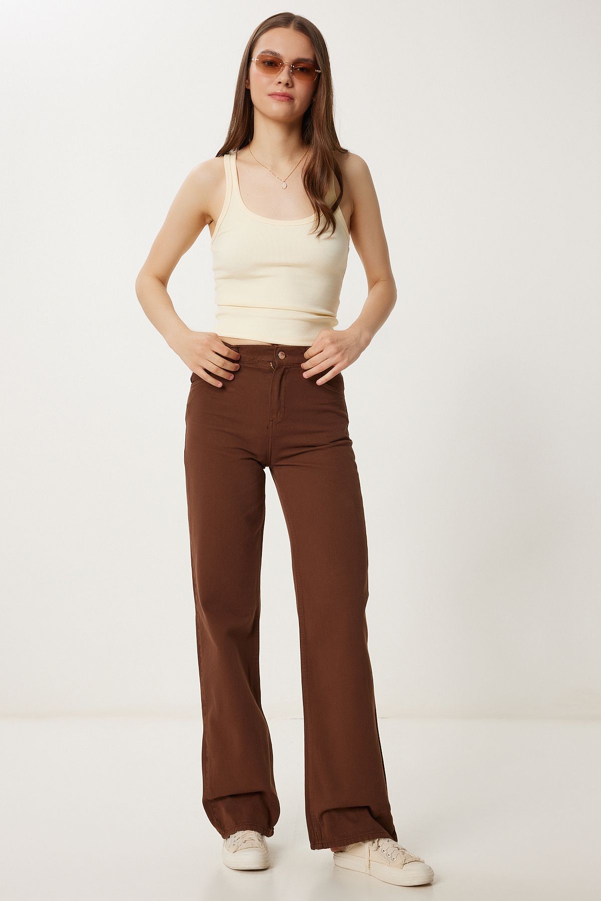 Lovelyİstanbul Geniş Paça Cepli Gabardin Pantolon KAHVERENGİ LWF0037