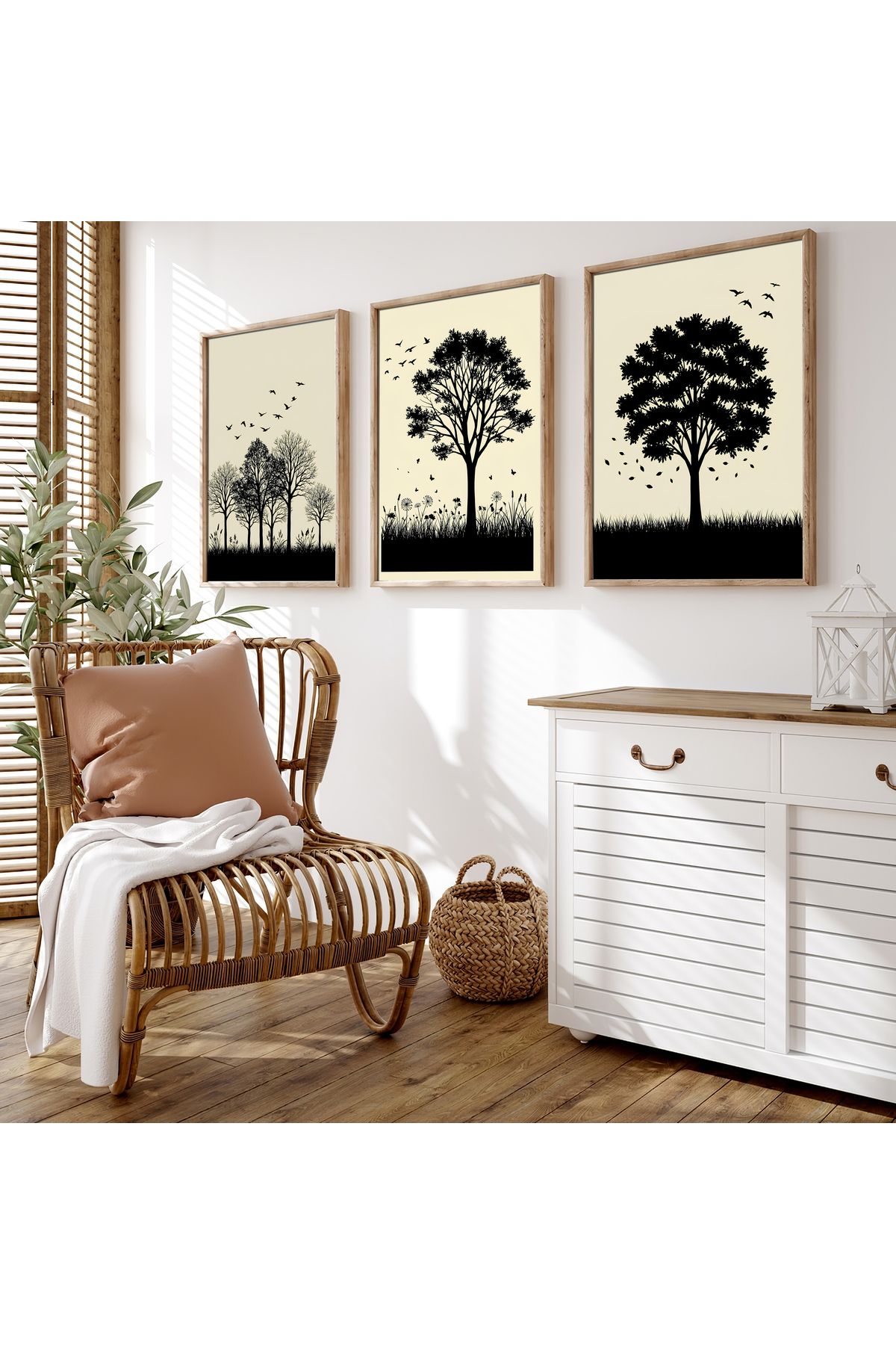 sames decoration Ağaç ve uçan kuşlar - minimalist doğa illüstrasyon özel tasarım tablo