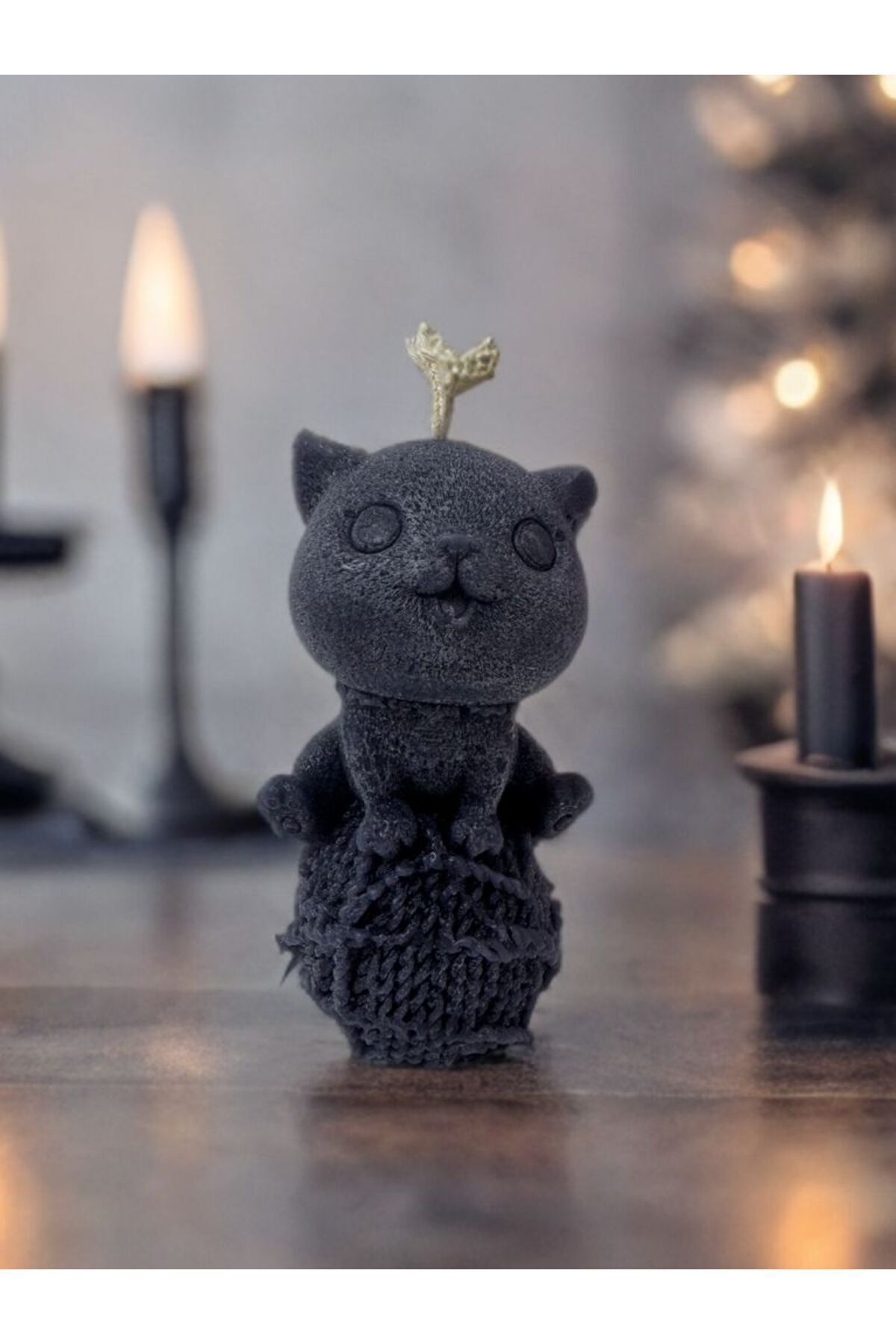 DEKORANLA Sevimli Kedi Şeklinde Dekoratif Mum, Gri Renkli, Hediye Alternatifi