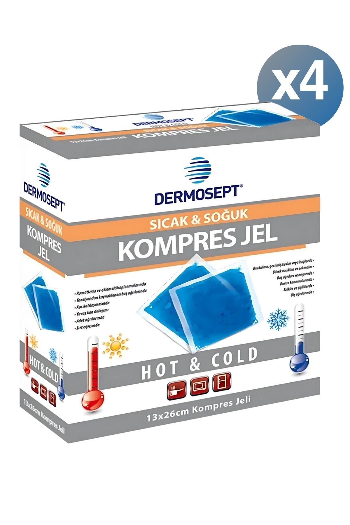 DERMOSEPT Sıcak Soğuk Termo Jel Kompres Buz Jel Termojel 13 X 26 Cm Orta Boy - 4 Lü Paket