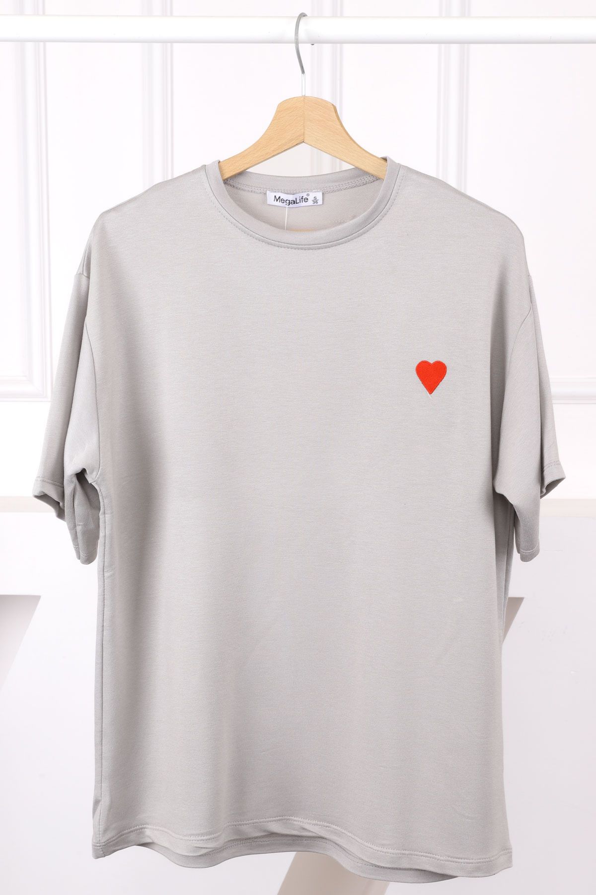 İmajButik Gri Nakışlı Kısa Kol Modal T-Shirt