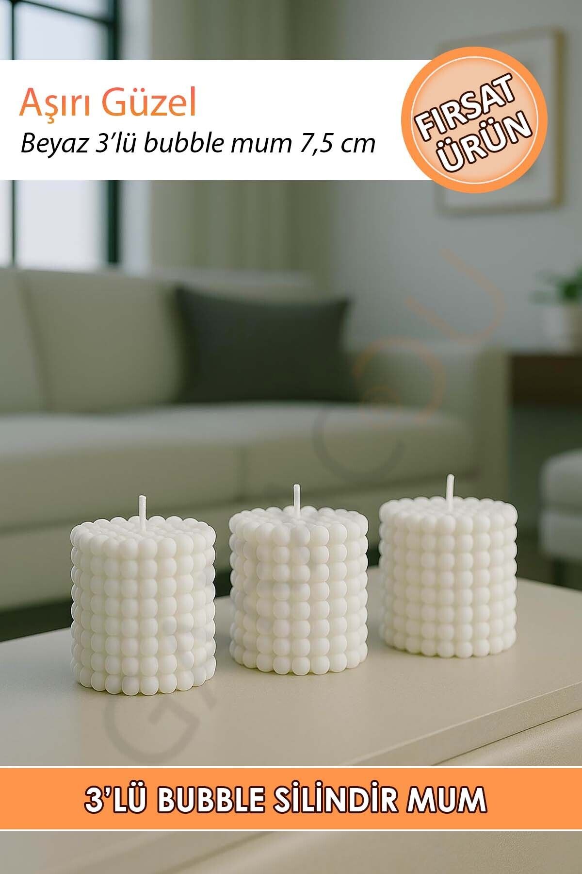 DEKORANLA Kalın 3'lü Kokusuz Dekor Bubble Kütük Mum Beyaz 6x7,5 cm
