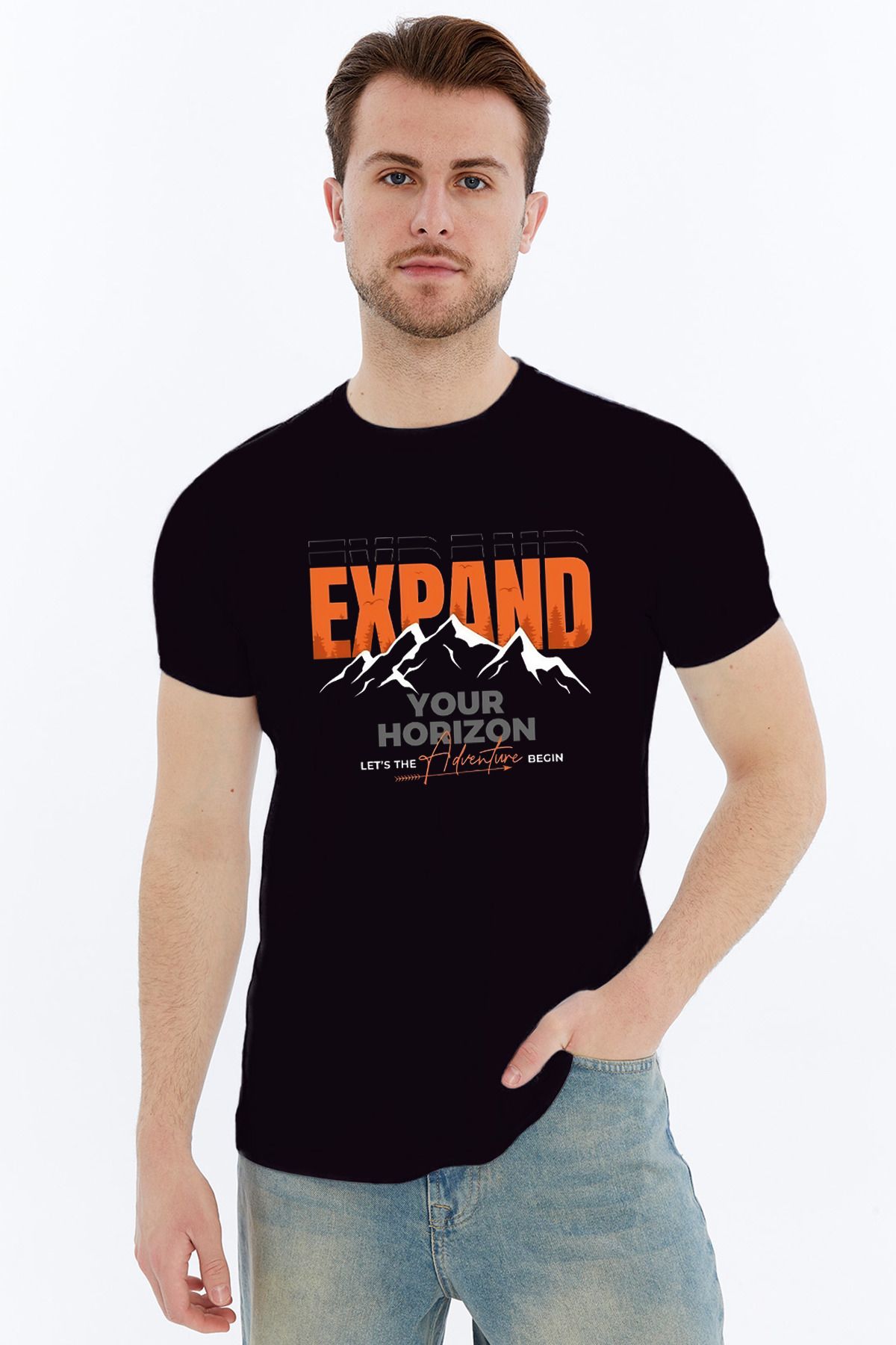 MYFORA EXPAND YOUR HORIZON Yazılı Siyah Erkek Tişört