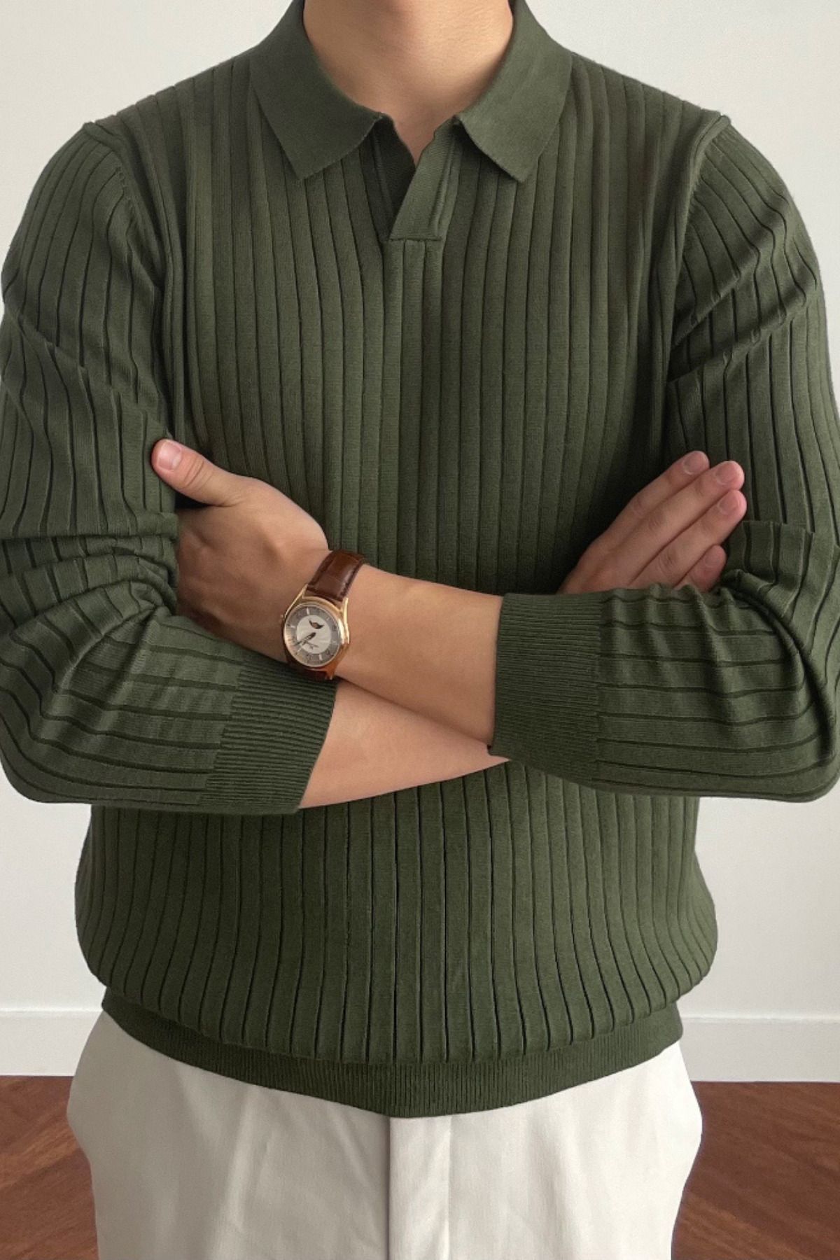 Tarz Cool Erkek Haki Slim Fit Uzun Kollu Polo Yaka Triko Kazak
