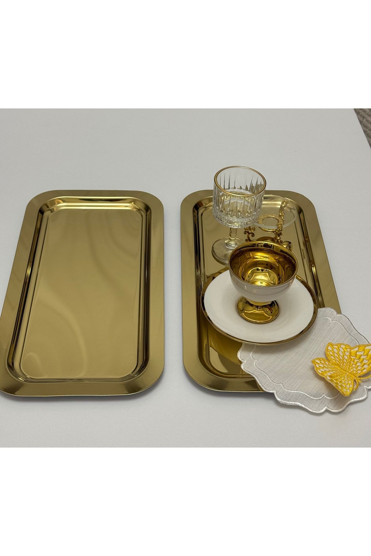 SEVA ÇELİK 2 ADET GOLD RENK BÜYÜK DİKDÖRTGEN MODEL SERVİS VE SUNUM TEPSİSİ 17*33 CM