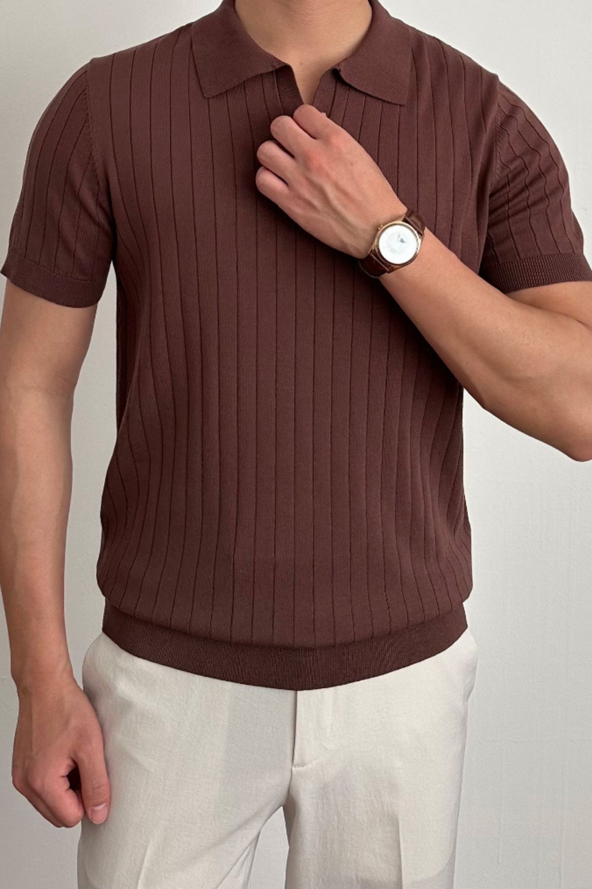 Tarz Cool Erkek Kahverengi Slim Fit Fitilli Polo Yaka Triko T-Shirt