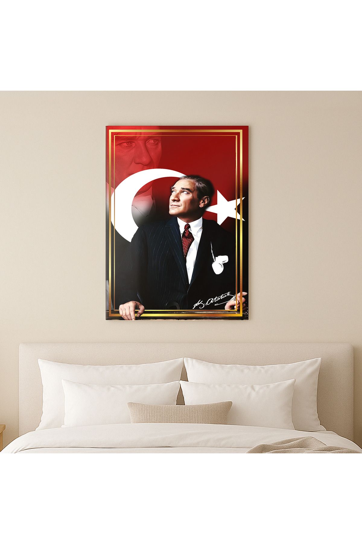 Domovit Atatürk Portre Türk Bayrağı Cam Tablo Ev ve Ofis Duvar Dekorasyonu