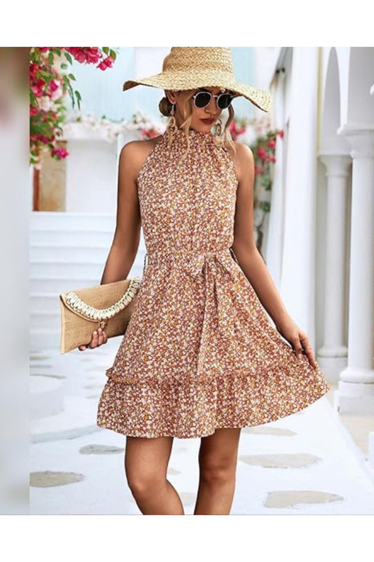 Kokosh moda Kadın Halter Yaka Eteği Volanlı Çiçek Desenli Süprem Elbise
