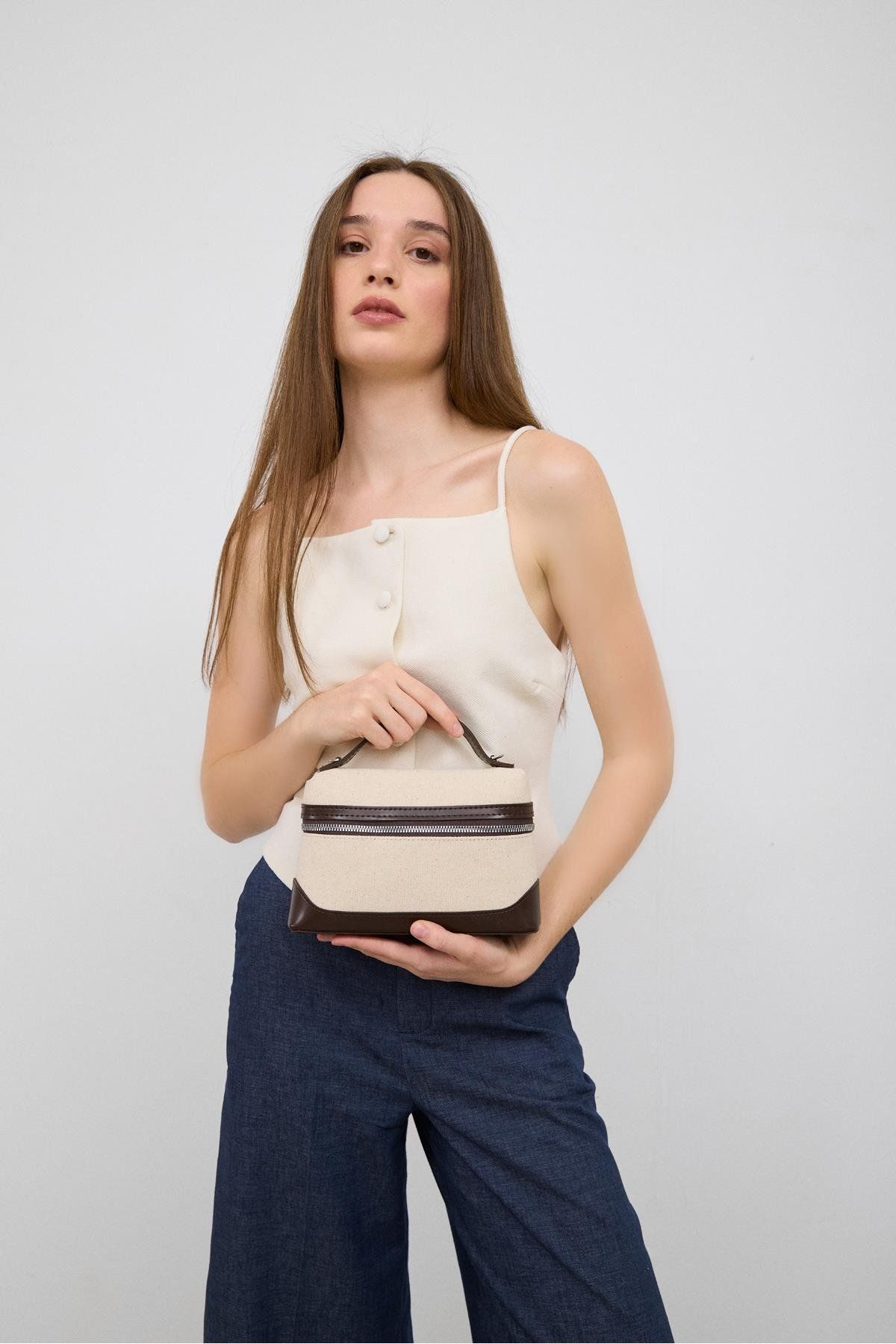 Shule Bags Yogo Krem-Kahve Box Bag El Ve Omuz Çanta