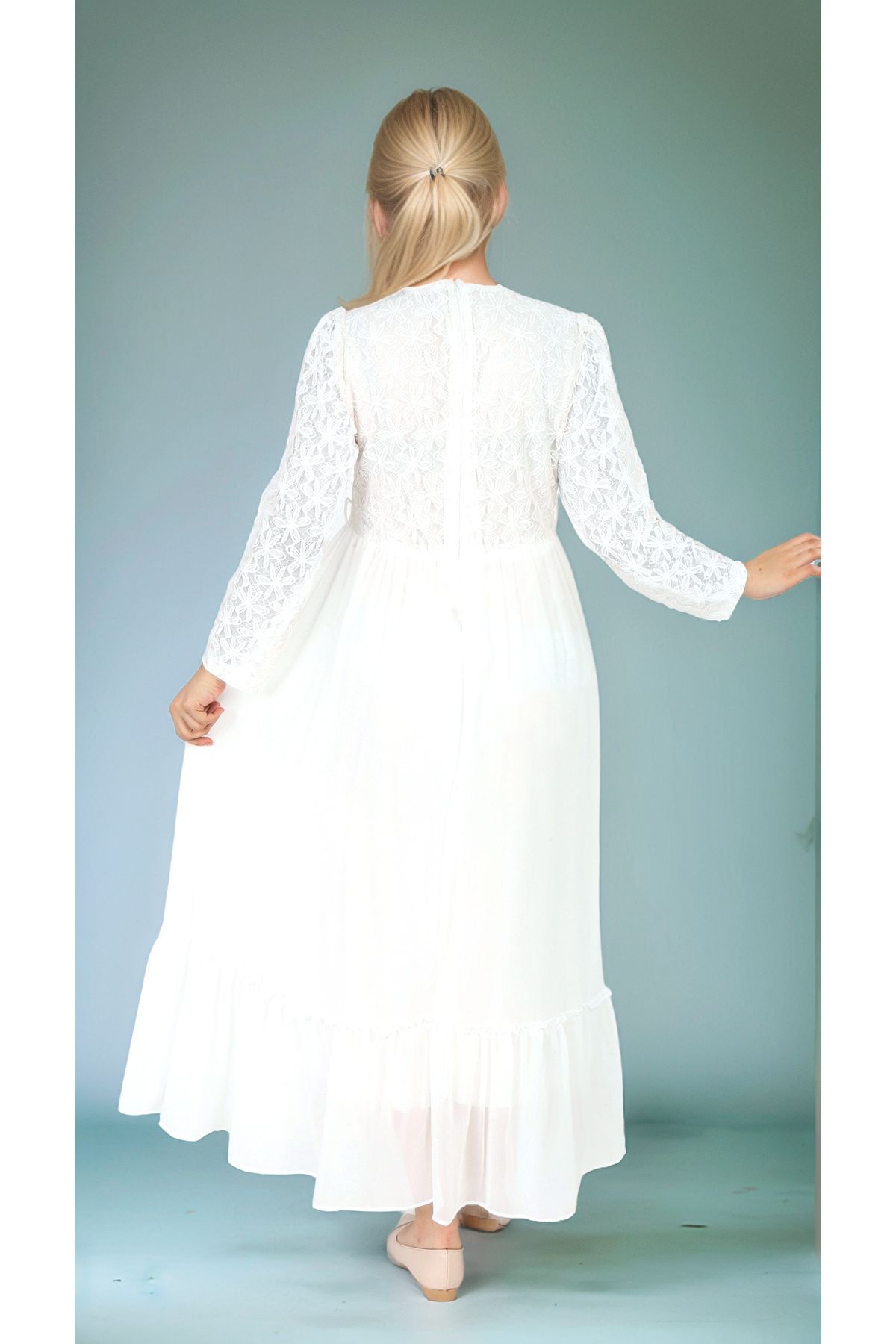 Joui Co-Girls' Hijab Dress-Lace Pattern-Lined-Chiffon Fabric- Long Dress with Necklace Detail 8