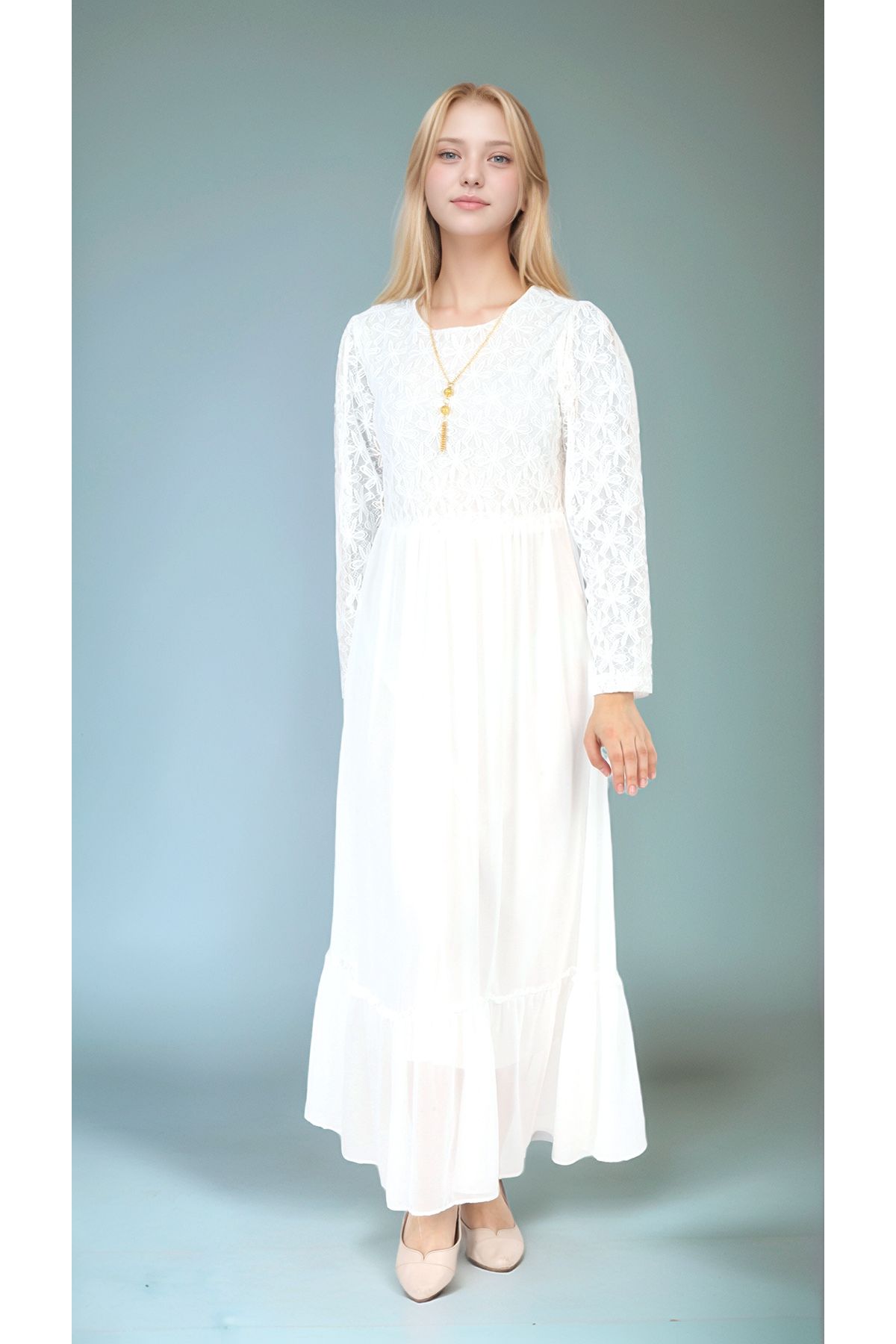 Joui Co-Girls' Hijab Dress-Lace Pattern-Lined-Chiffon Fabric- Long Dress with Necklace Detail 6
