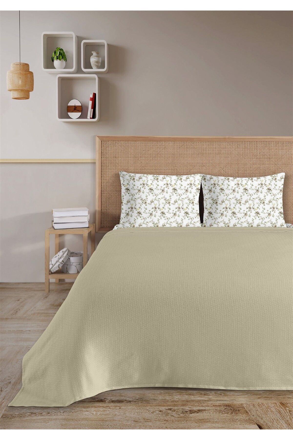 HomeBerry %100 Pamuk Medusa Bej Tek Kişilik Pike Takımı 160 x 230 cm