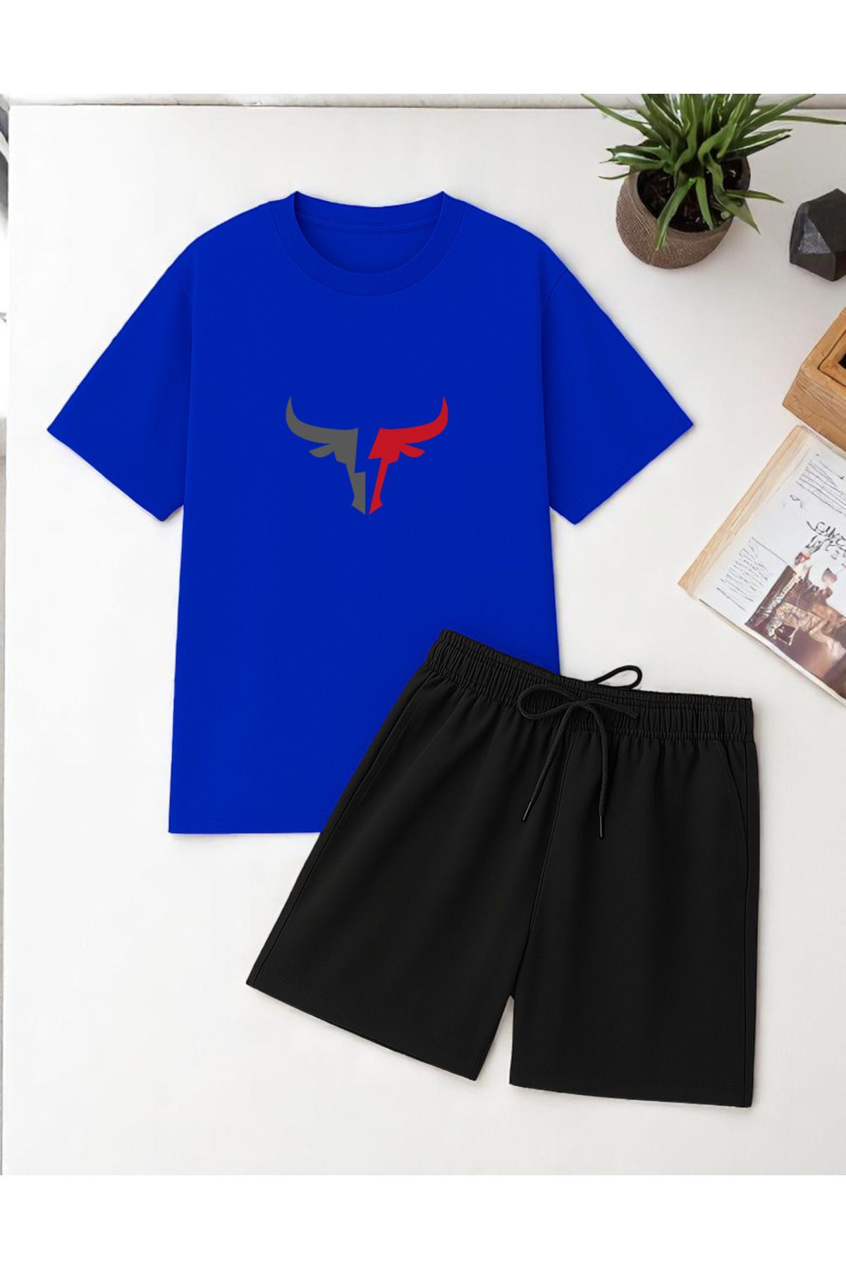 uyguntarz Unisex Boğa Baskılı Tasarım Şort Takım