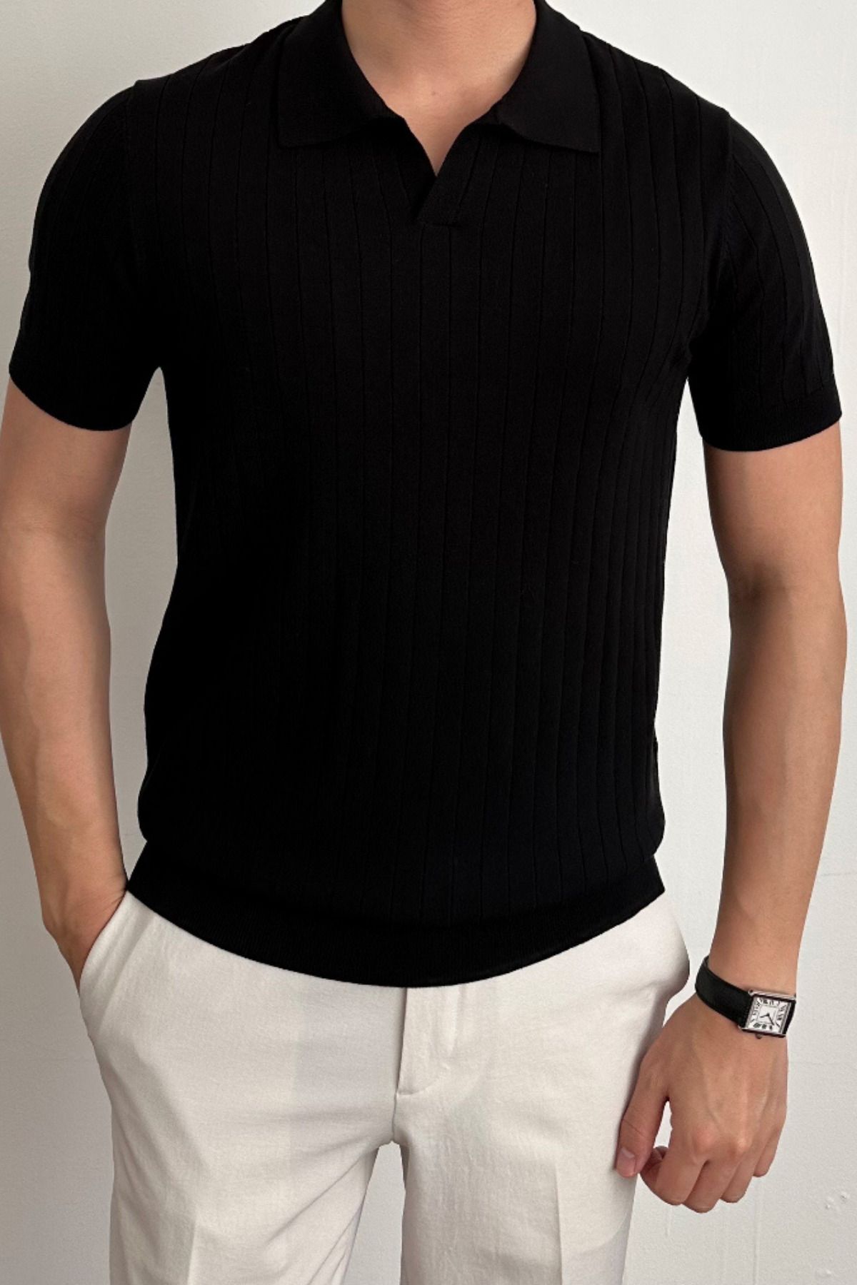 Tarz Cool Erkek Siyah Slim Fit Fitilli Polo Yaka Triko T-Shirt