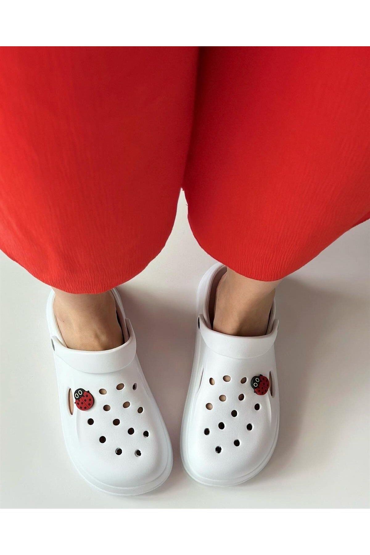 KAOF SHOES Kadın Beyaz Uğur Böcekli Terlik Kadın Sabo Sandalet Terlik Cros Terlik Doktor Hemşire Terlik