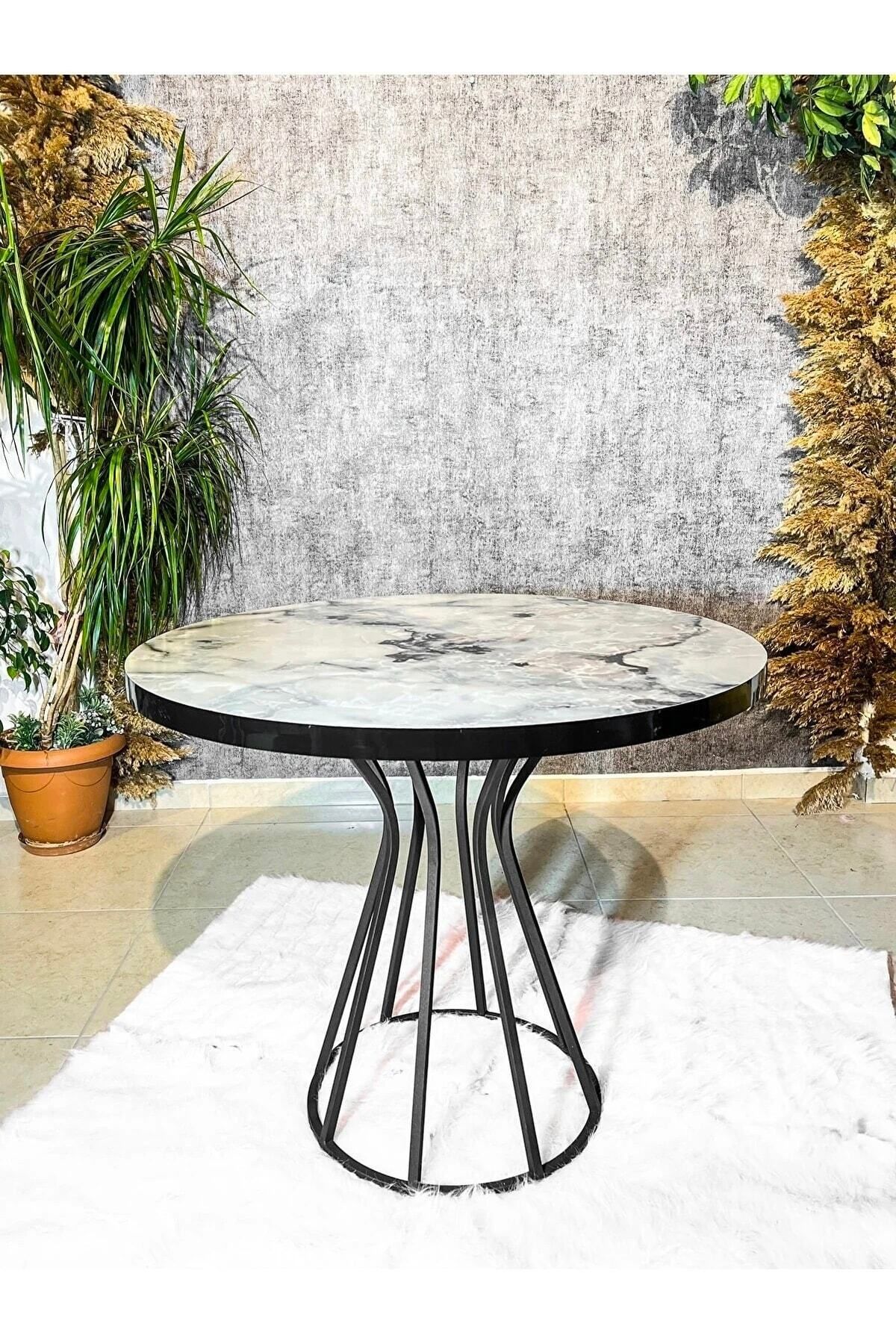 DEKORANLA 90x90 cm Beyaz Mermer Görünümlü Siyah Kum Saatli Mutfak Masası