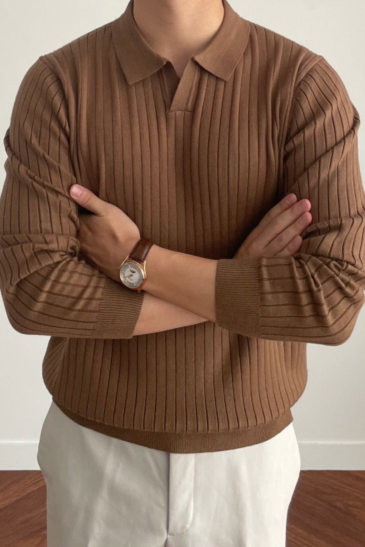 Tarz Cool Erkek Kahverengi Slim Fit Uzun Kollu Polo Yaka Triko Kazak