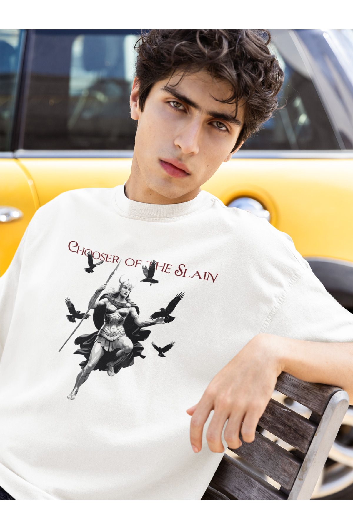 Was Plus Unisex Beyaz "Chooser of the Slain" Mitolojik Figür Baskılı %100 Pamuklu Oversize T-Shirt