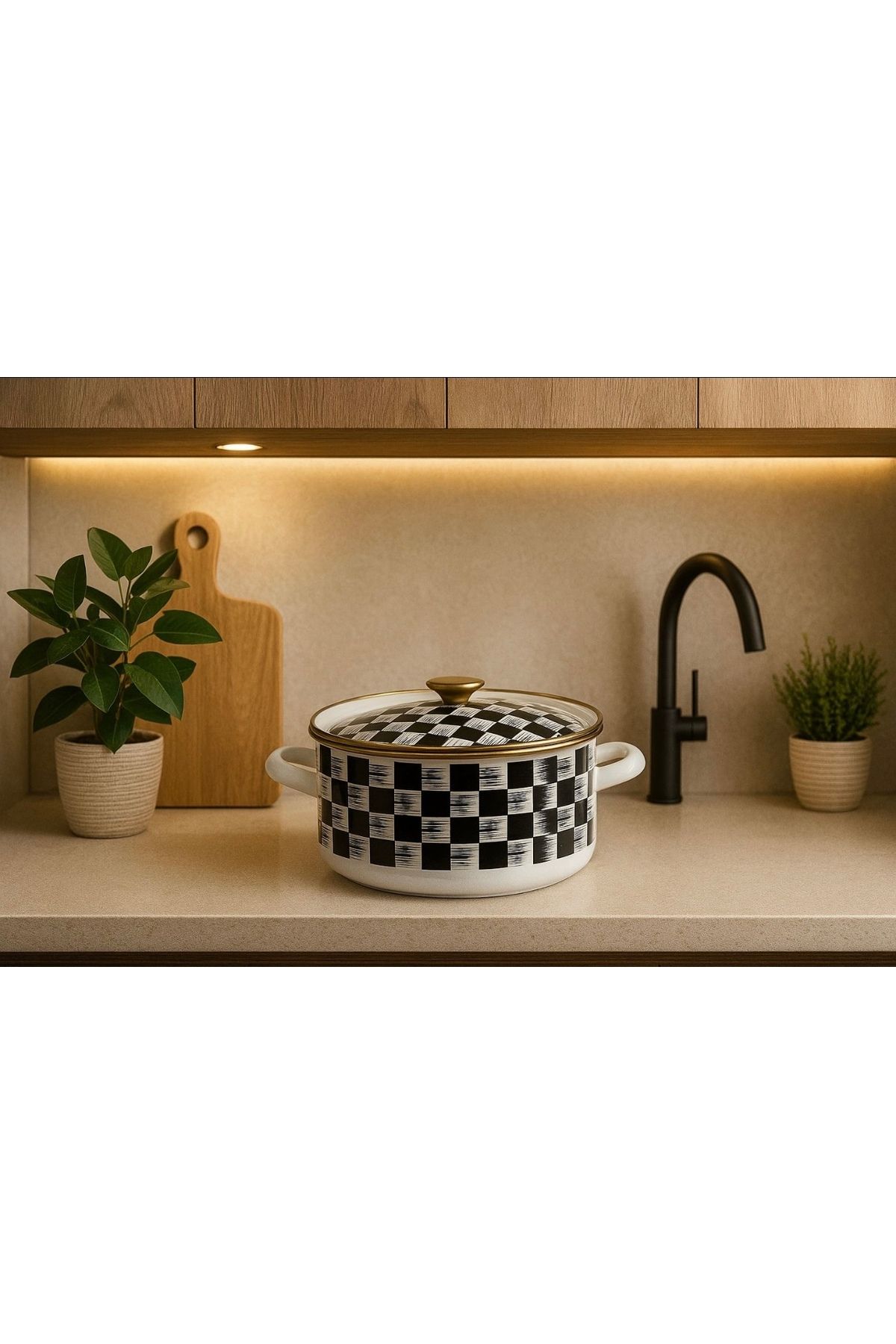 Pembelia Life Dama Desenli Gold Detaylı Emaye Tencere 24 cm