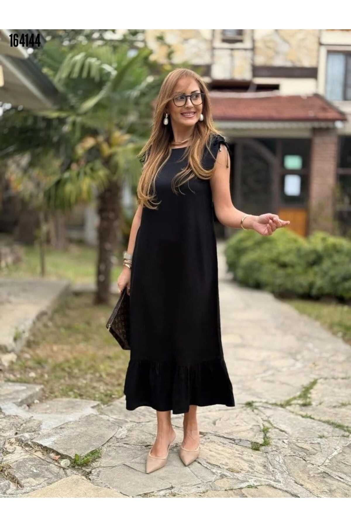 Cbm Kadın omuzlardan büzgülü kayık yaka fırfırlı janjan krep elbise Kırmızı Gül Figürlü Kolye hediye