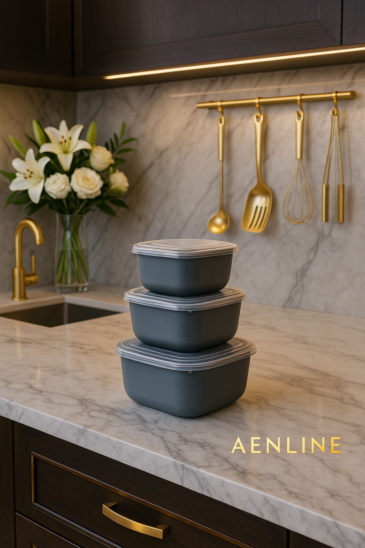 AENLINE HOME Premium SnapLid- 3’lü Saklama Kabı Seti Koyu Gri | BPA Free | 600 ml – 1 100 ml – 1 800 ml