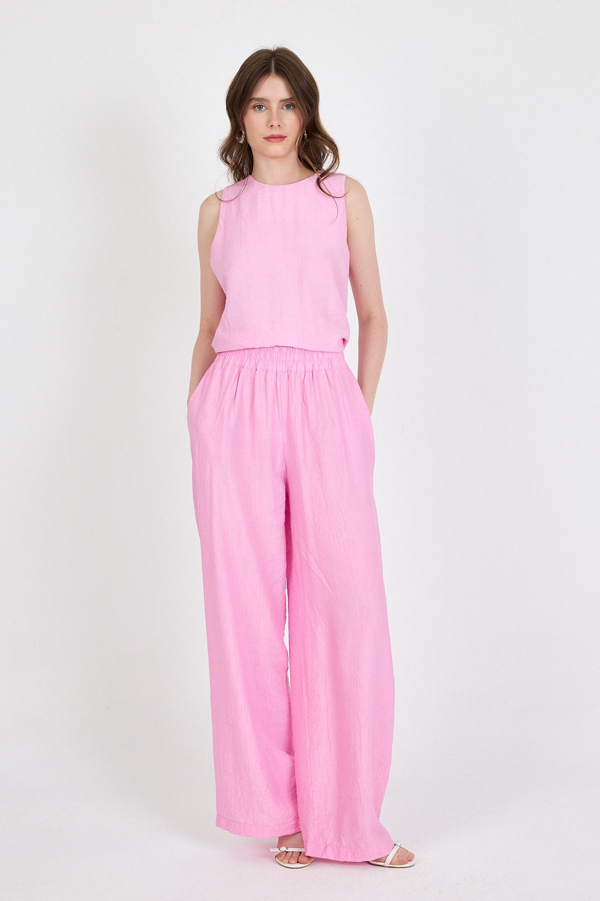 Rays Şeker Pembe Asimetrik Kesim Bluz Pantolon İkili Takım 5219