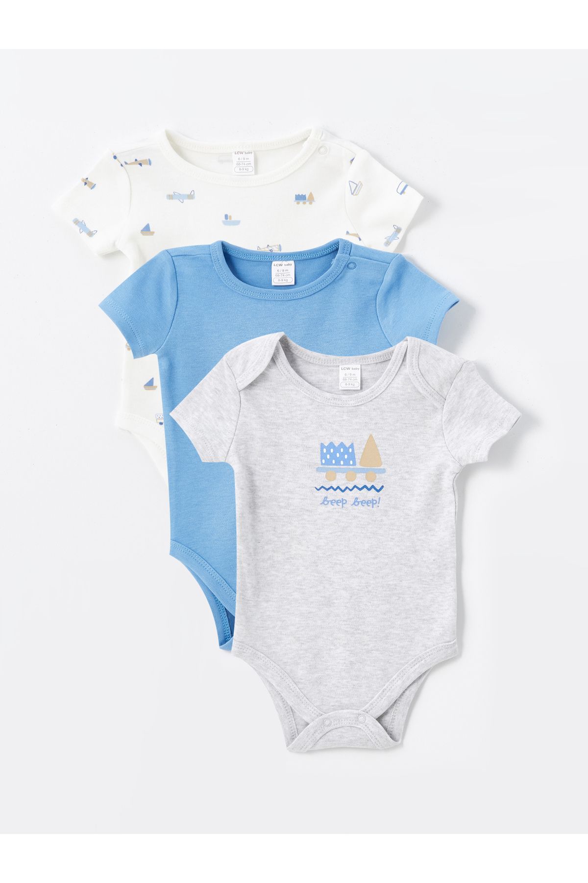 LC Waikiki Bisiklet Yaka Baskılı Erkek Bebek Çıtçıtlı Bodysuit 3'lü