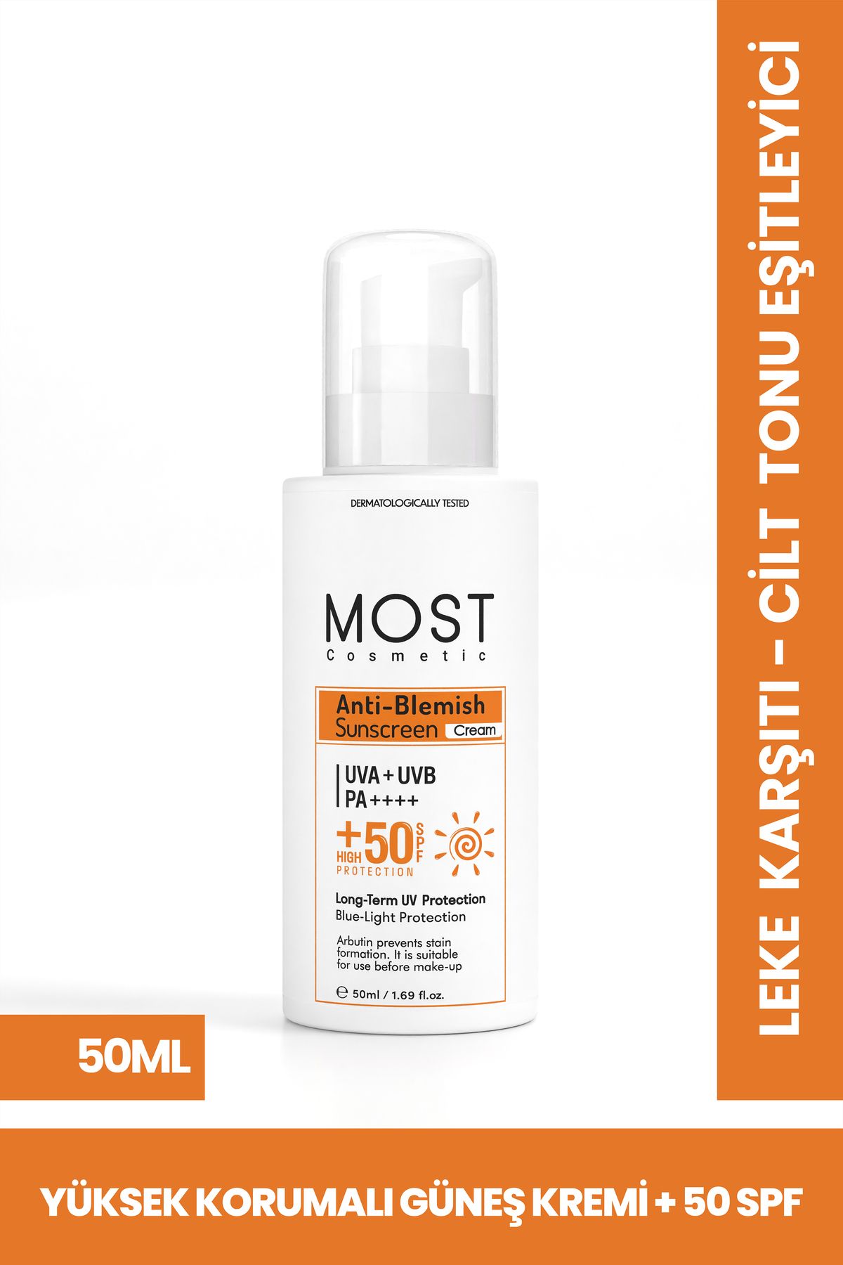 MOST Cosmetic Leke Karşıtı, Cilt Tonu Eşitleyici, Aydınlatıcı, Yüksek Korumalı SPF 50 Güneş Kremi