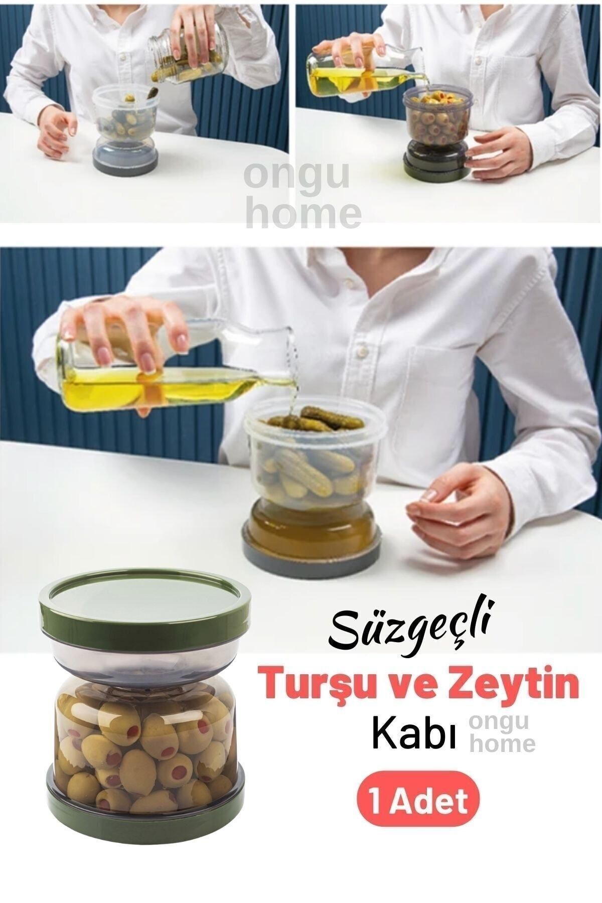DEKORANLA Gri Yeşil Süzgeçli Zeytin ve Turşu Saklama Kabı
