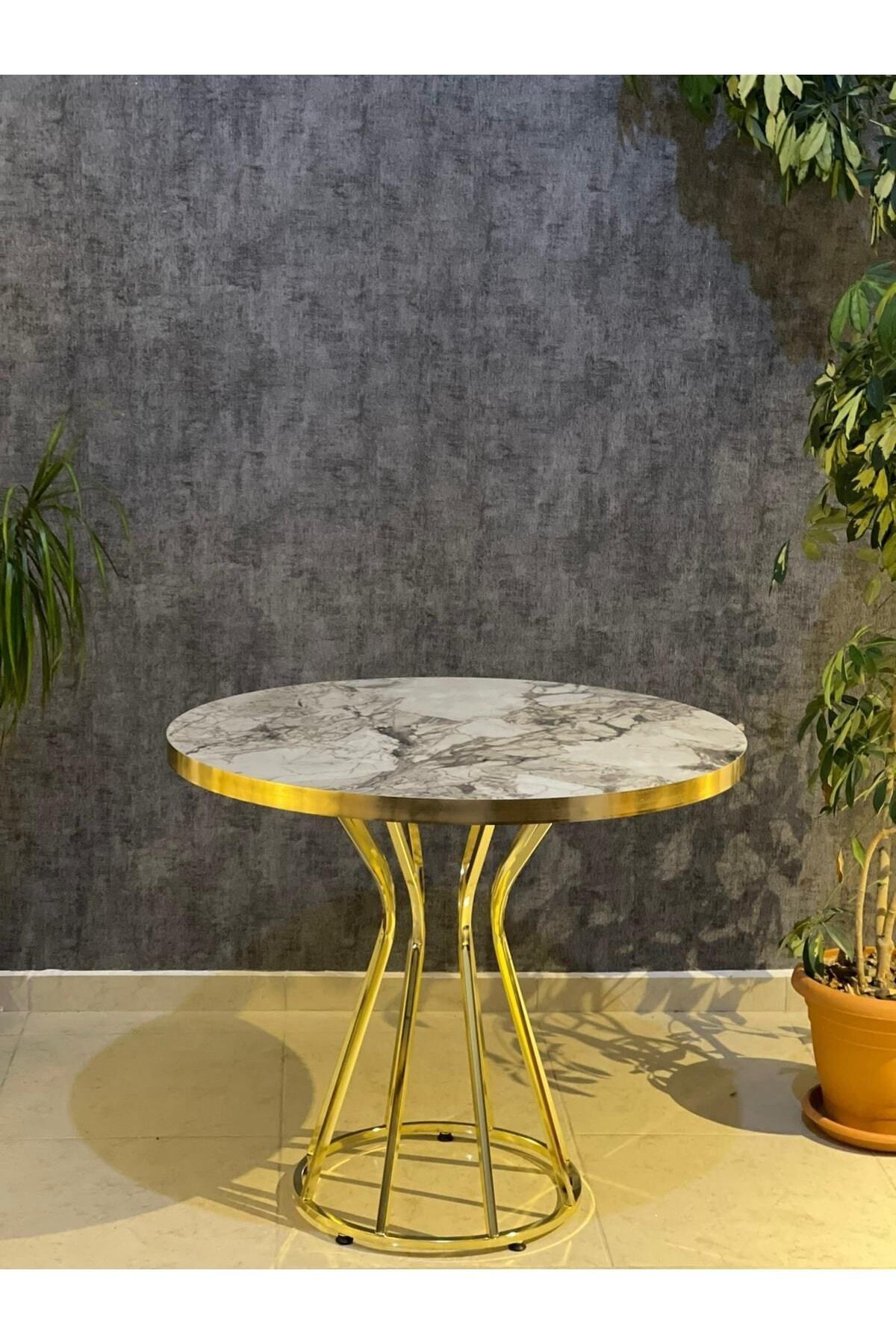DEKORANLA 90x90 Beyaz Mermer Görünümlü Gold Kum Saat Ayaklı Mutfak Masası