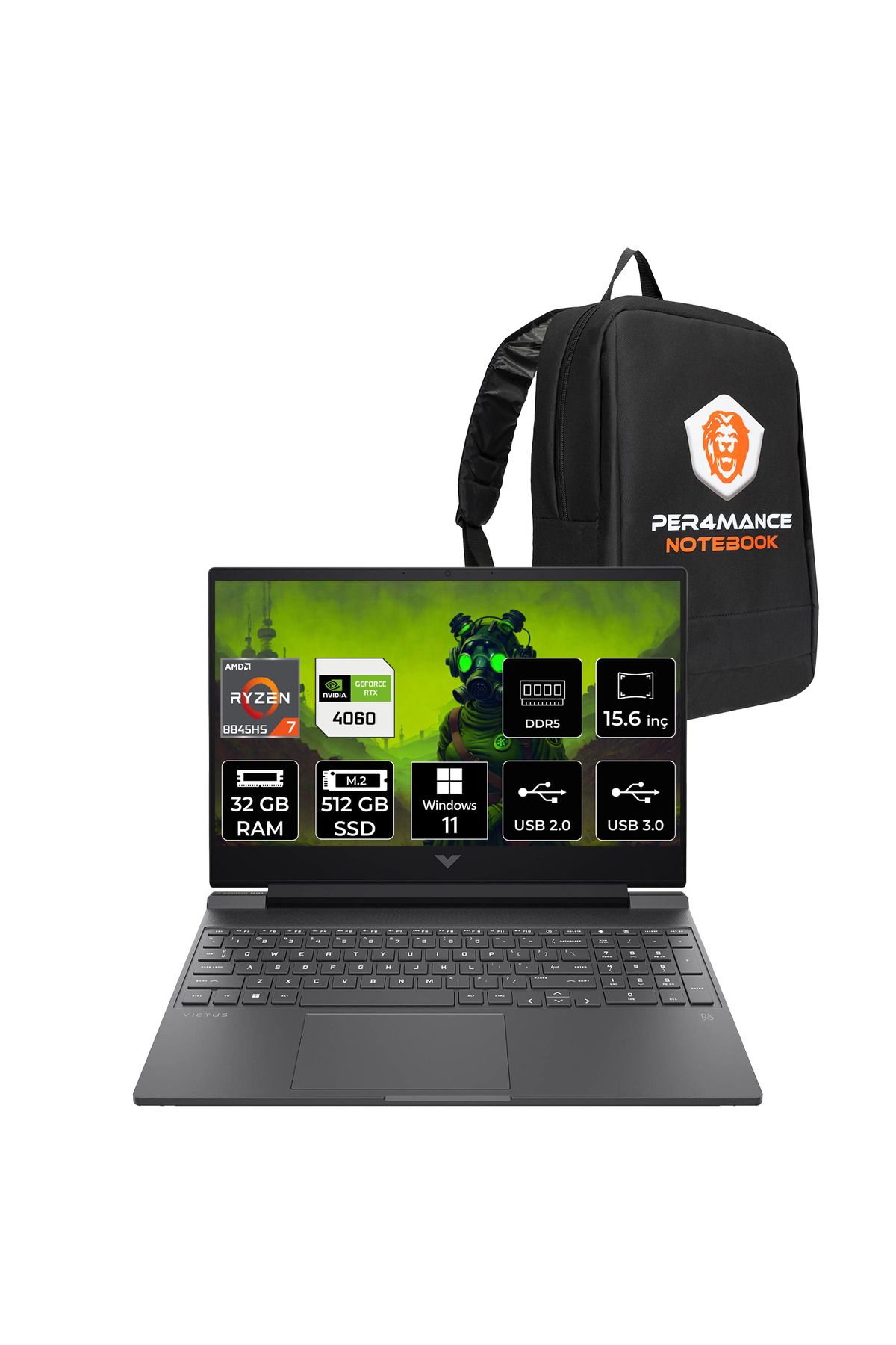 HP Victus 15 R7 8845HS 32GB DDR5 512GB SSD RTX4060/8GB 15.6'' 144Hz W11P Gaming Laptop & PER4 ÇANTA
