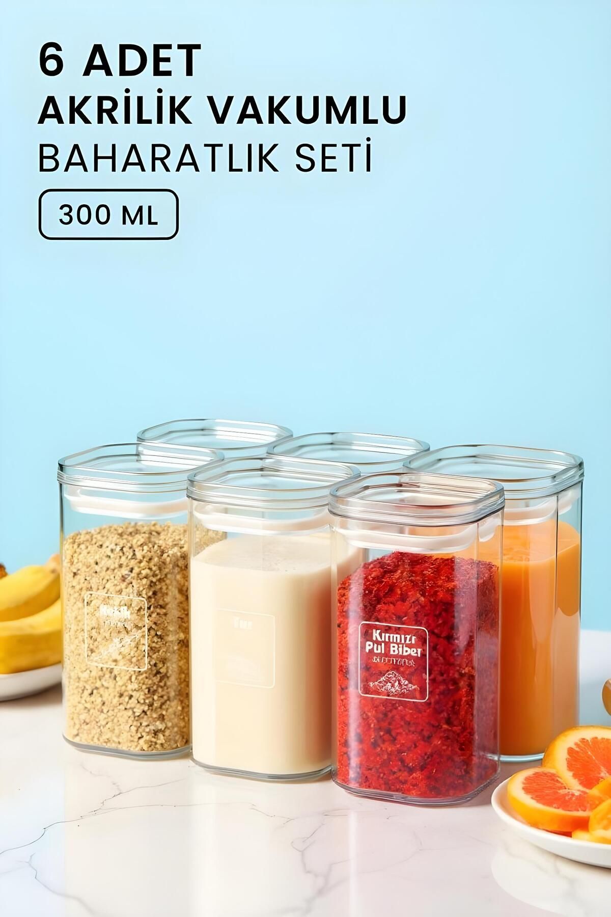 Justyol 6'lı 300 ml Etiketli Akrilik Vakumlu Baharatlık Seti – Sızdırmaz Kapaklı