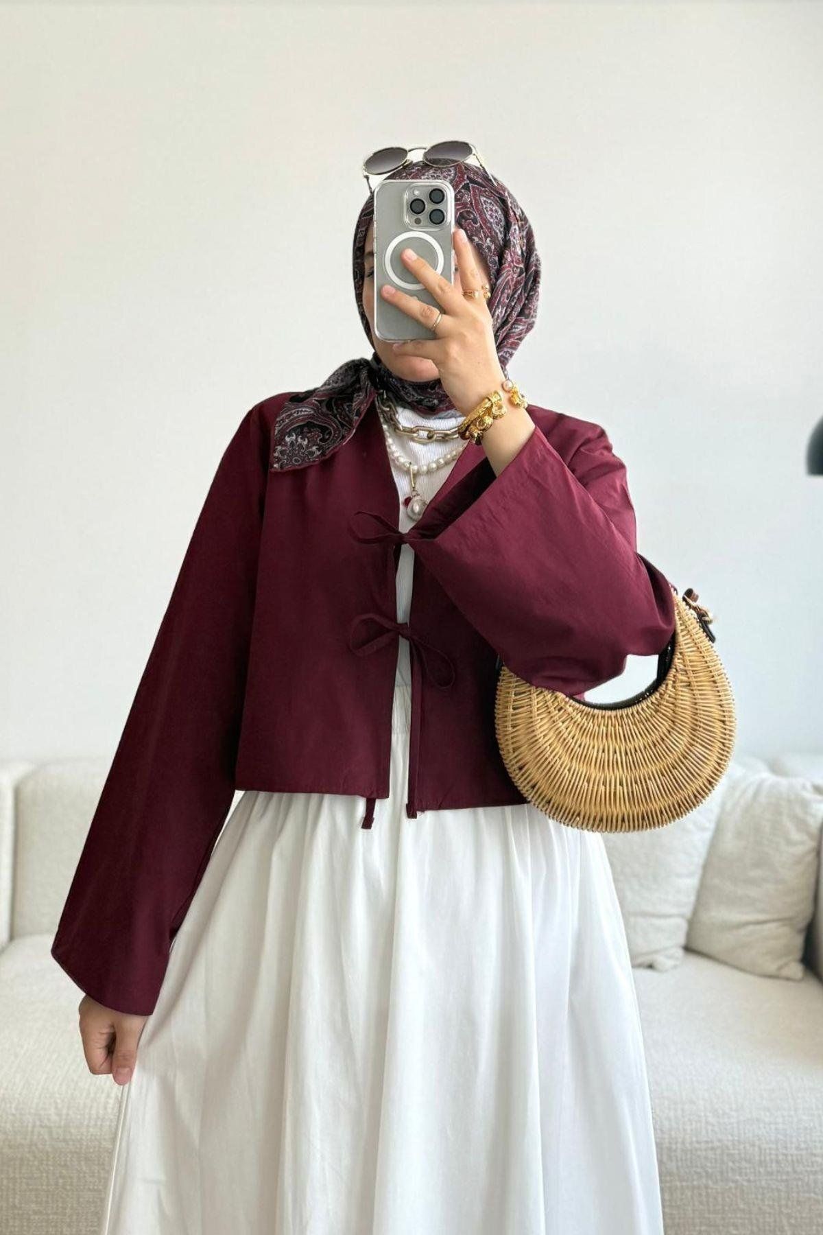Giyim Gezegeni Önü Bağlamalı 2 Bağcıklı Kimono Gömlek Modern Tesettür Şık Kombin Yeni Sezon Etek Üstü Kimono