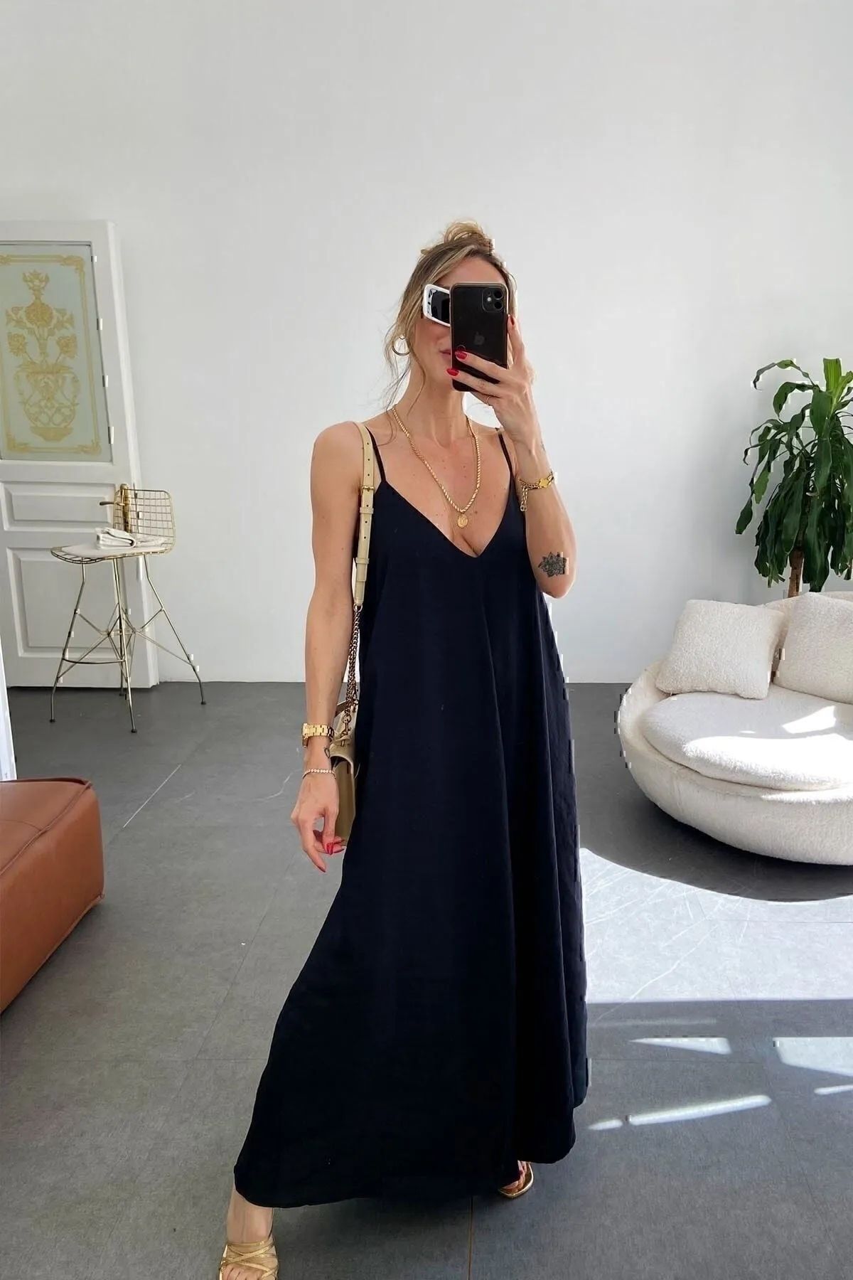 World Fashion Trends Kadın Siyah Keten Look Kumaş Ayarlanabilir Askılı Uzun Siyah Elbise 00000010