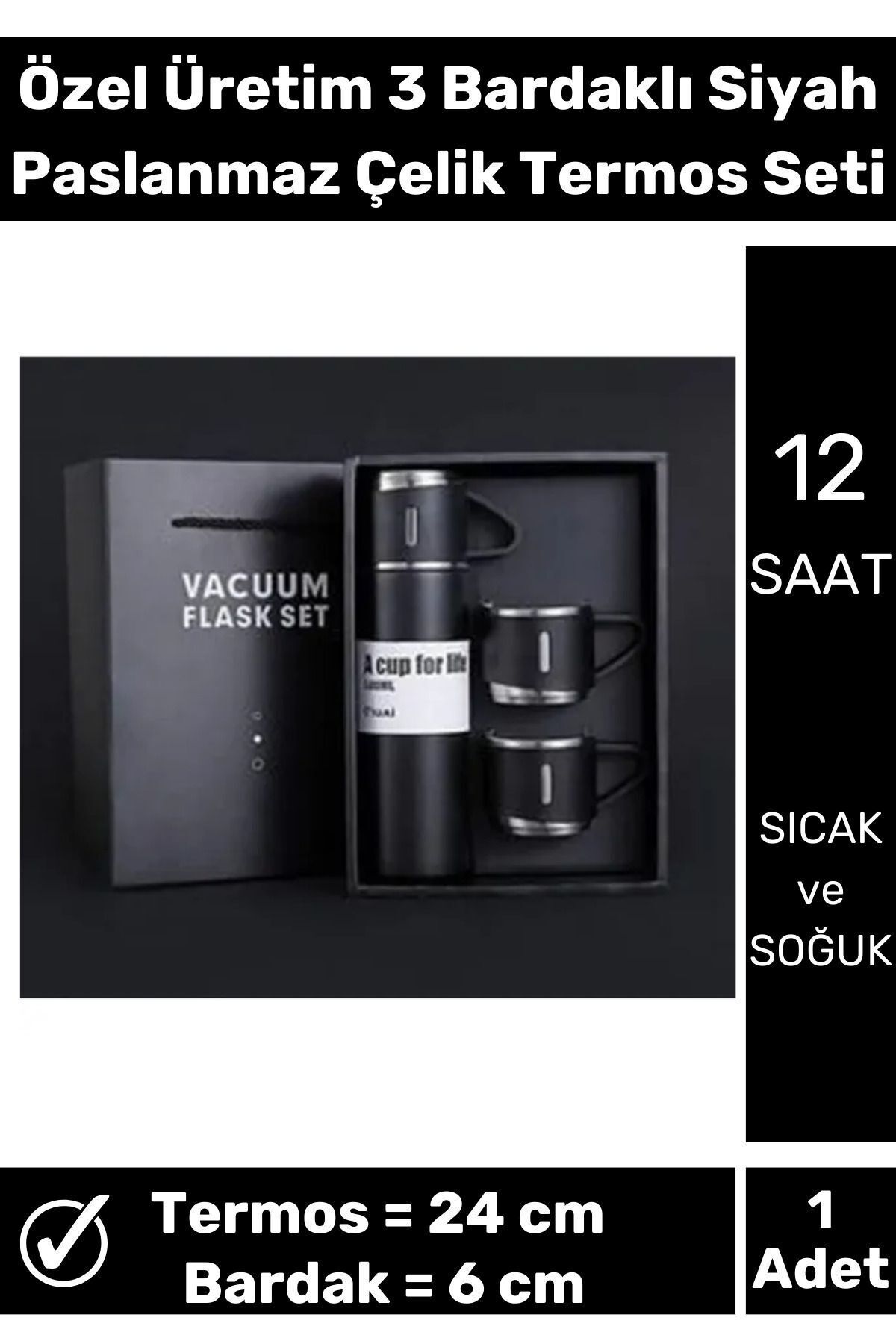 DEKORANLA Siyah Paslanmaz Çelik 3'lü 500 ML Termos Seti, Uzun Süre Sıcak ve Soğuk Tutma