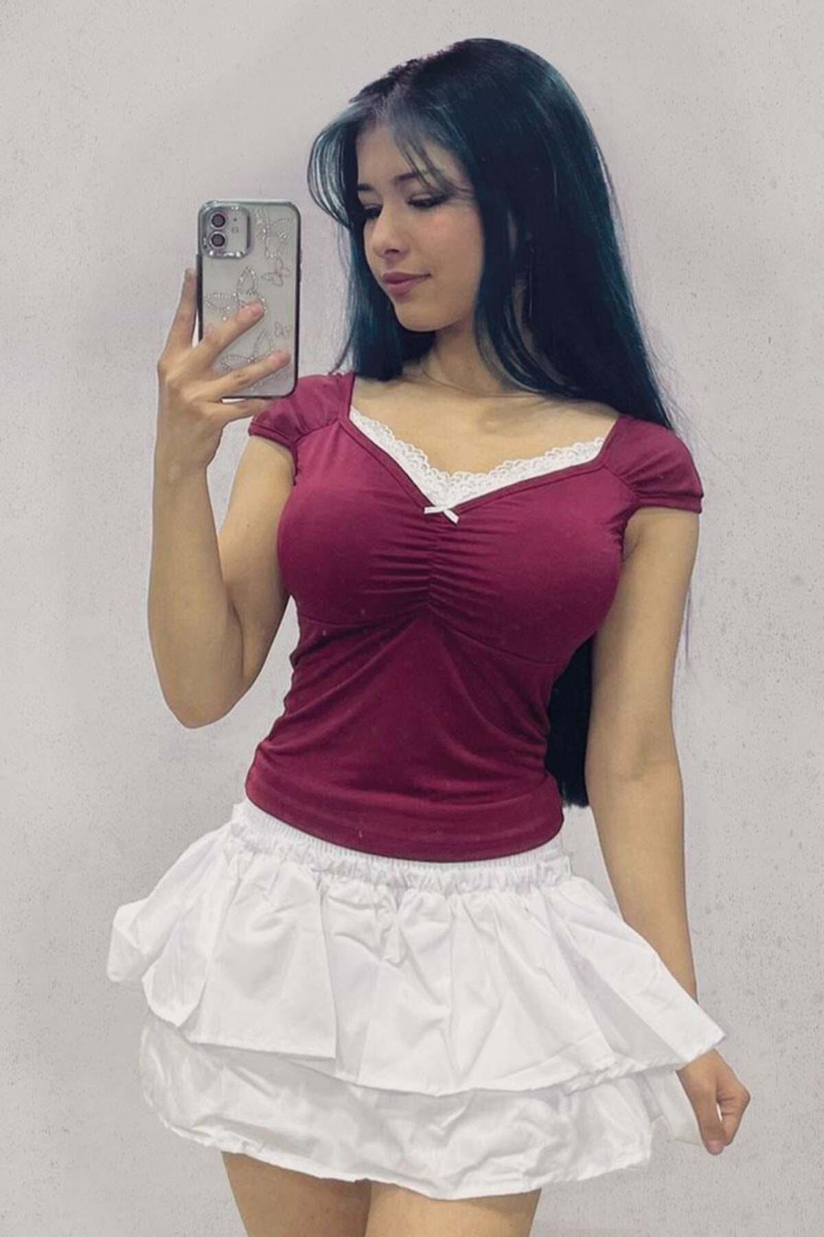 Köstebek Dantel Yaka Örgü Desenli Vintage Bluz