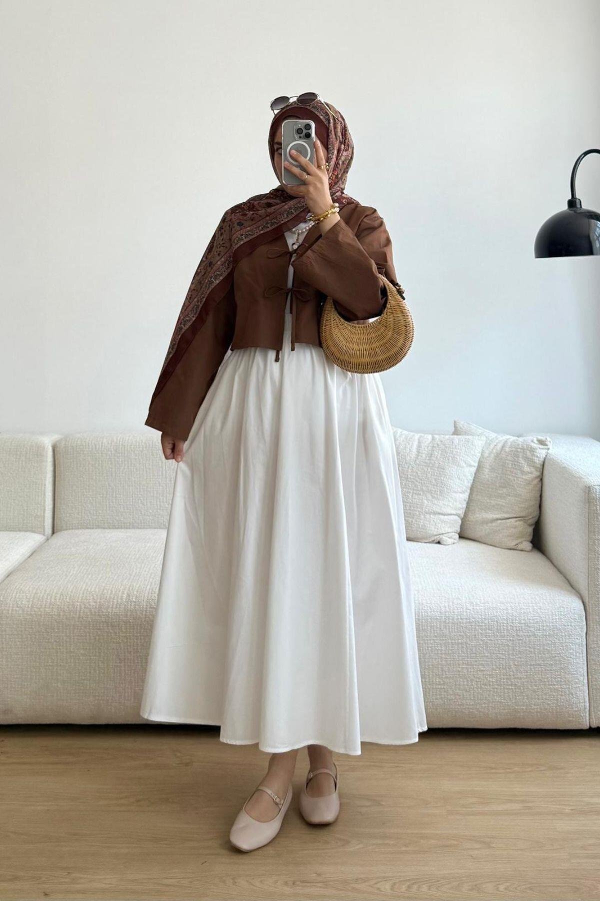 Giyim Gezegeni  Önü Bağlamalı 2 Bağcıklı Kahverengi Kimono Gömlek Modern Tesettür Şık Yeni Sezon Etek Üstü Kimono - Görsel 2