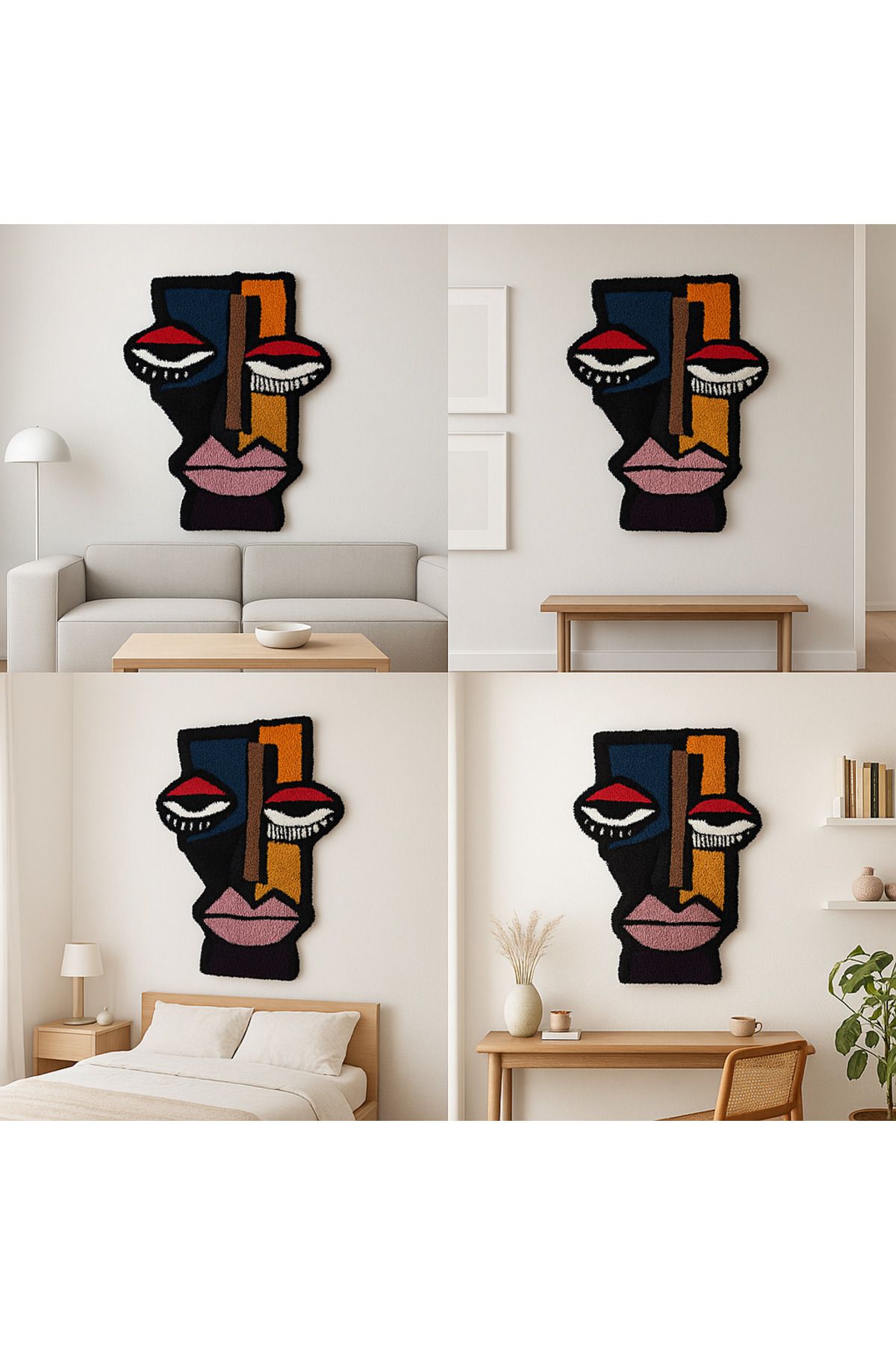 BYBAL El Yapımı 3D Tufting Soyut Yüz Sanat Halısı 48×63 cm – Modern Dekoratif Duvar ve Zemin Halısı