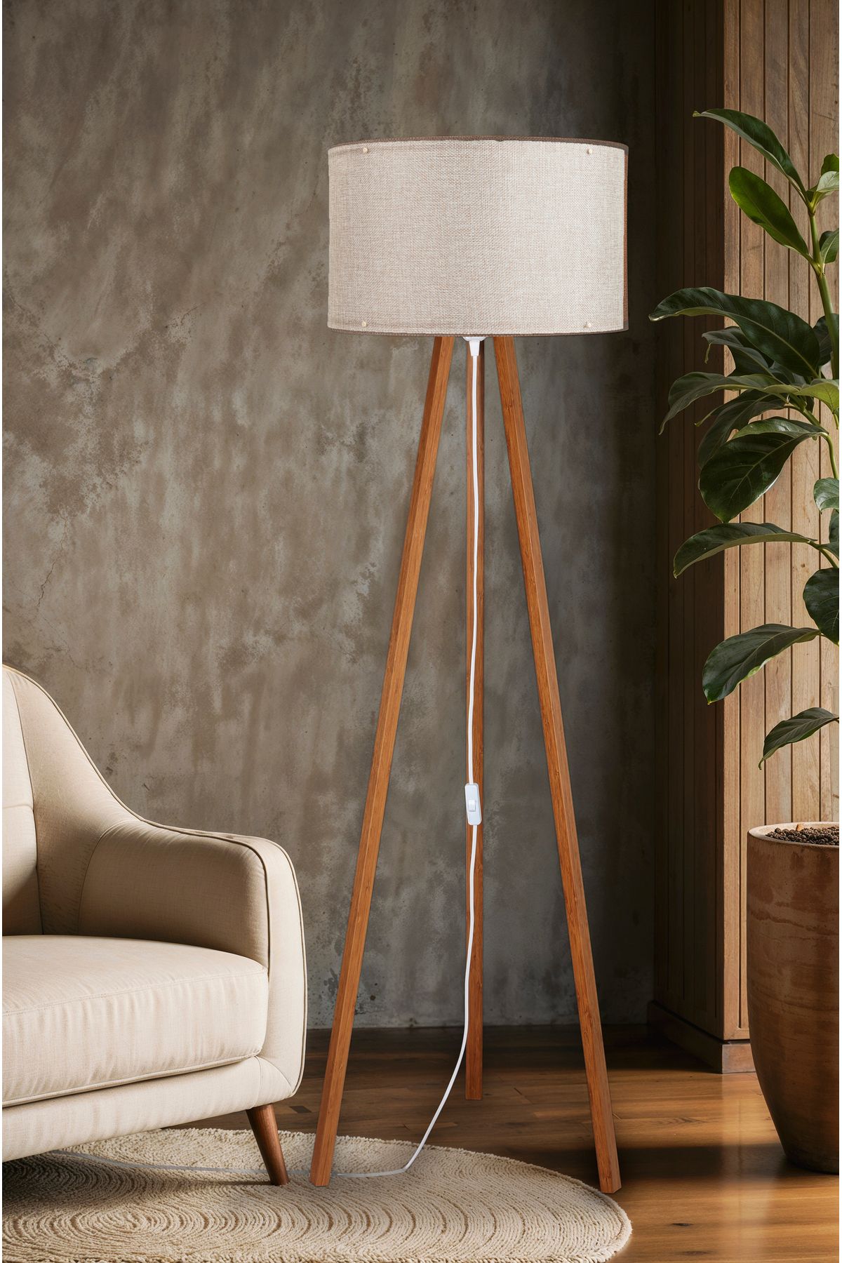 AG LightDesign Kumbeji Lambader Abajur 3 Ayaklı Tripod Kumaş Ahşap Üç Ayak