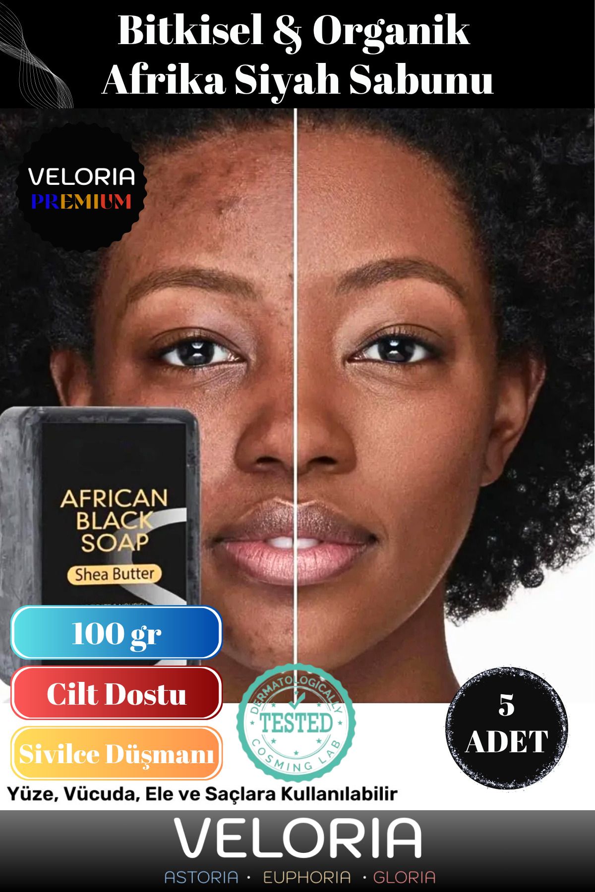 Veloria Premium Seri %100 Doğal Organik Yüz Saç Vücut Cilt Dengeleyici Kolajen Etkili Afrika Sabunu 5 Adet