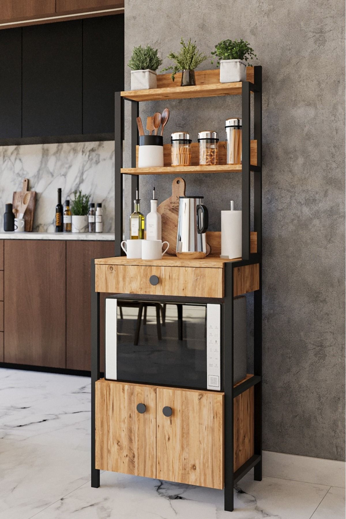 Mocca Style Beyaz Çekmeceli 2 Kapaklı Çok Amaçlı Dolap Mutfak Bangosu Mikrodalga Fırın Mini Fırın Dolabı