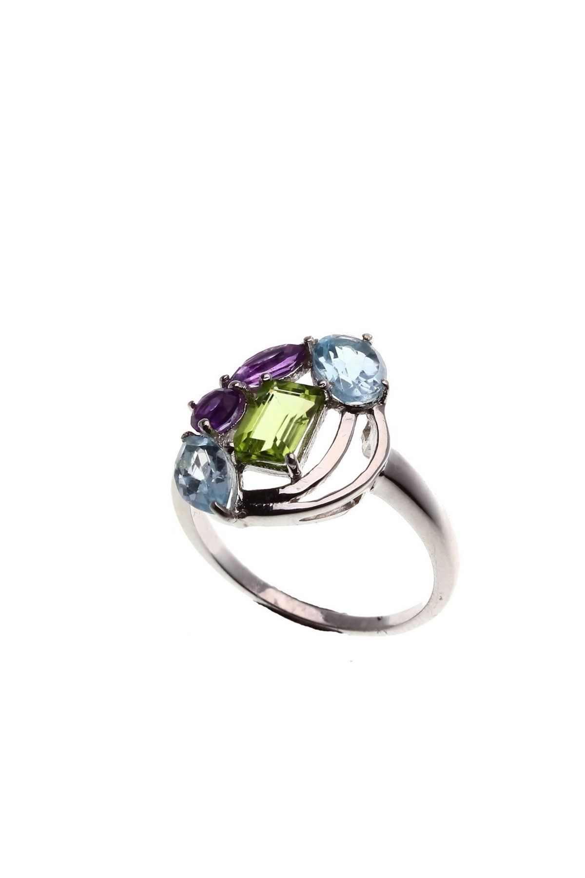 GÜMÜŞ DÜNYASI 925 AYAR Gümüş Rodyum Kaplamalı Aqua,Ametist ve Peridot Renkli Taşlı Kadın YÜZÜK