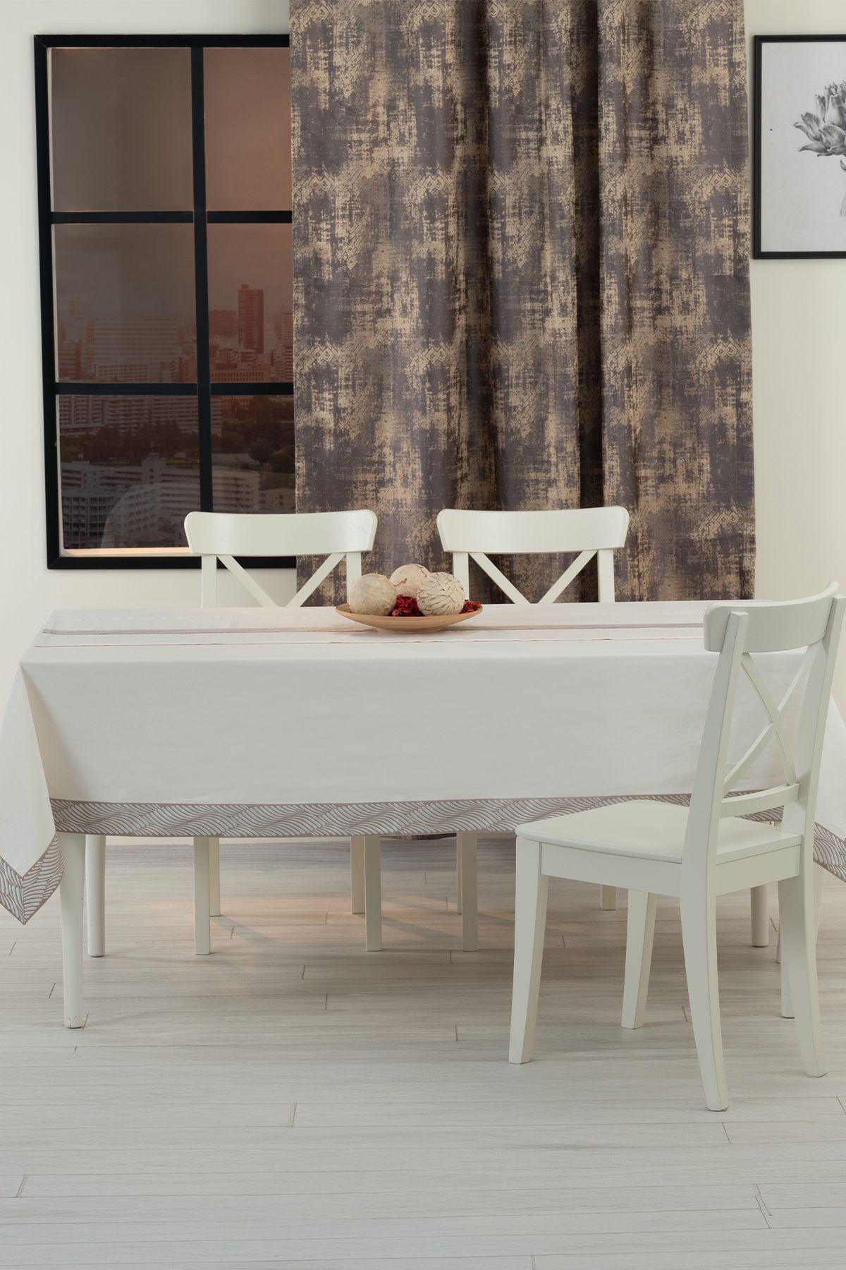 Tropikhome Alba Jakar Damla Desen Leke Tutmaz Jakarlı 160x220 Cm Lüks 8 Kişilik Masa Örtüsü Krem