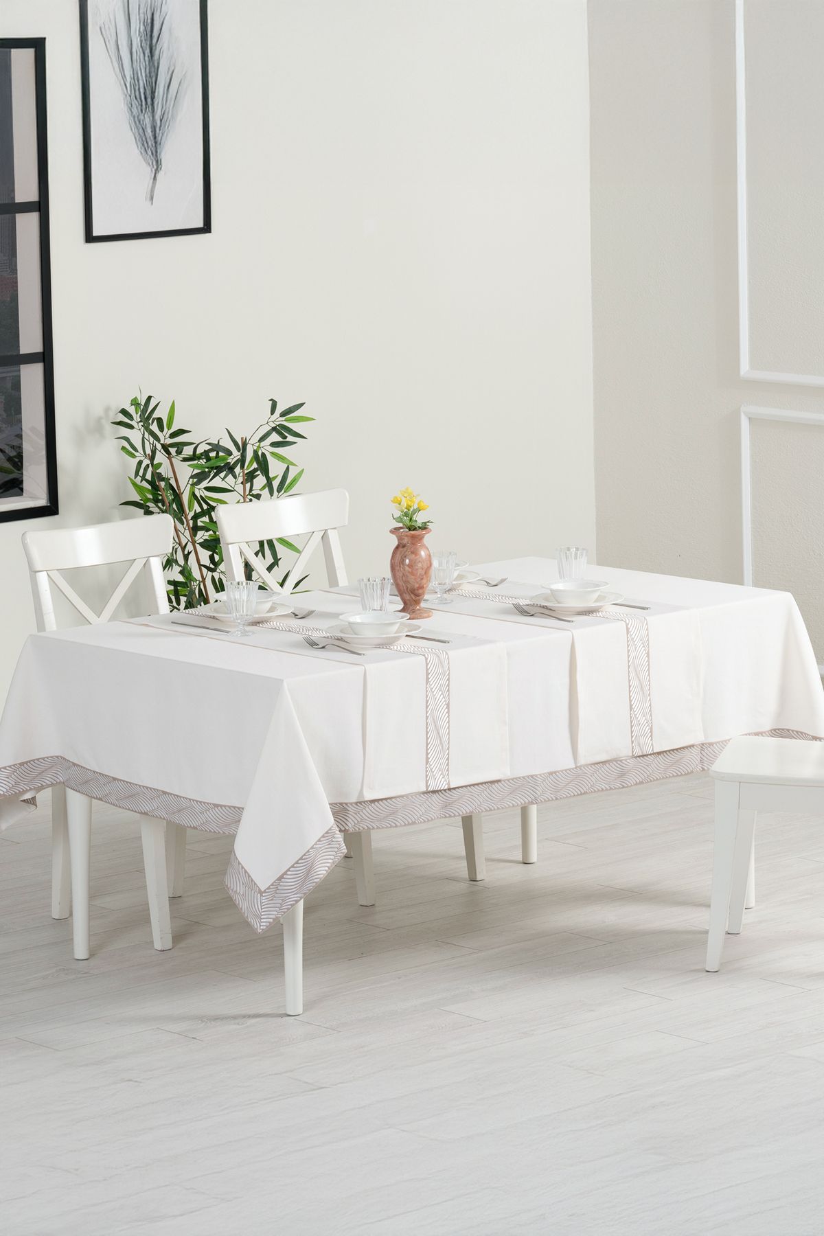Tropikhome Alba Jakar Damla Desen Runnerlı Set Leke Tutmaz 160x220 Cm Lüks Masa Örtüsü 2 Runnerlı Set Krem