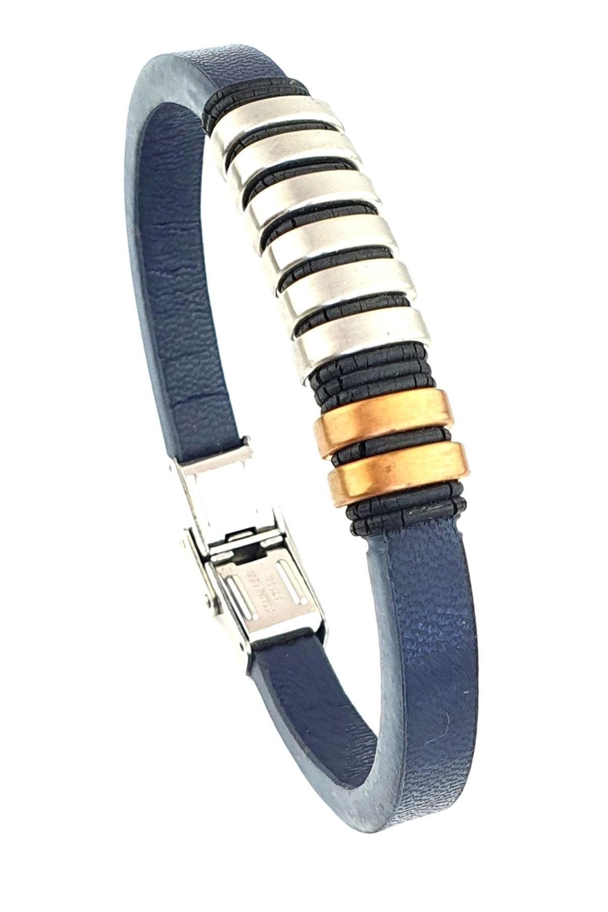 OSESHOP 316L Çelik Detaylı Lacivert Deri Erkek Bileklik