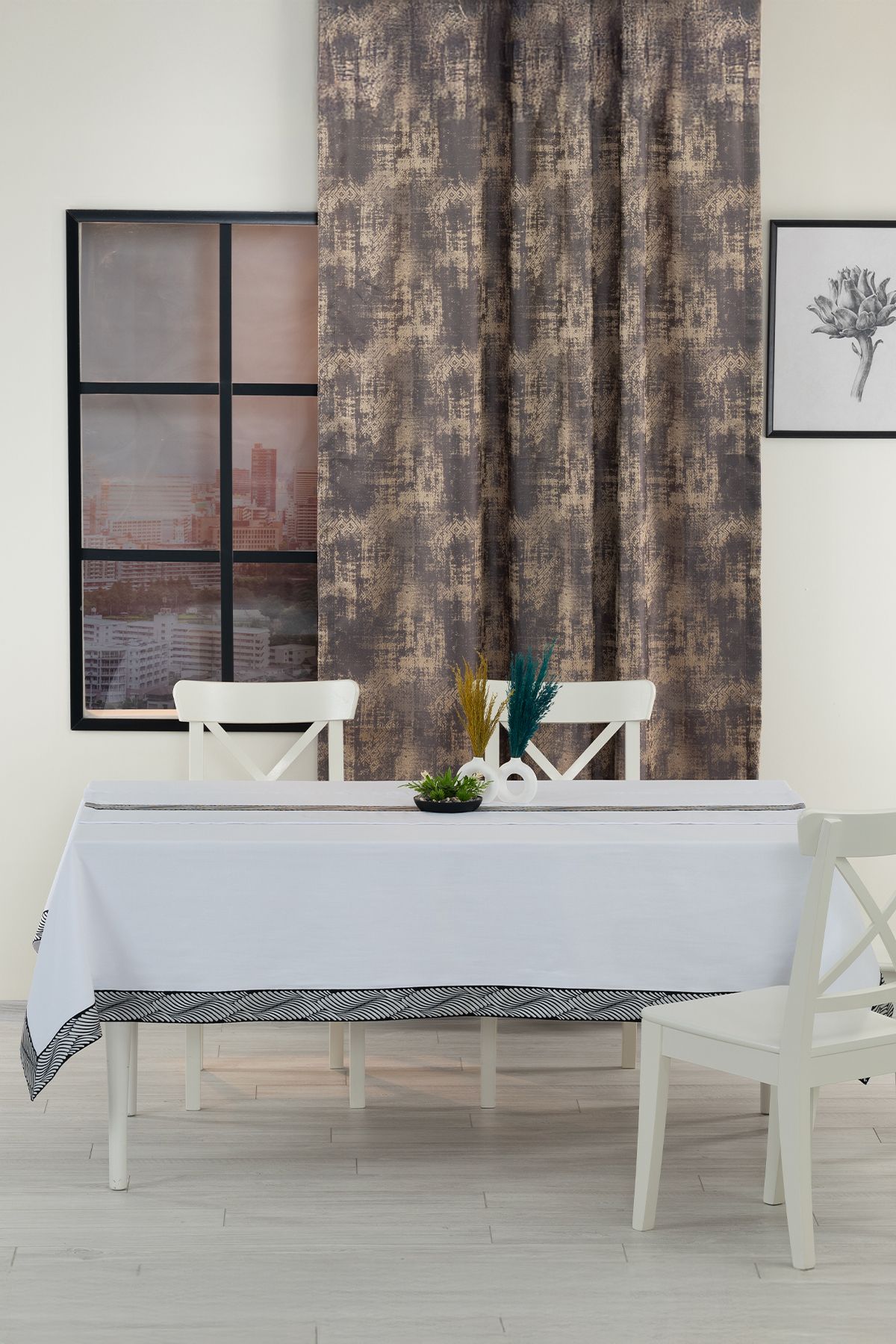 Tropikhome Alba Jakar Damla Desen Leke Tutmaz Jakarlı 160x220 Cm Lüks 8 Kişilik Masa Örtüsü Beyaz