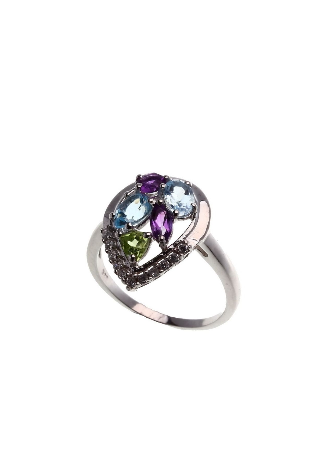 GÜMÜŞ DÜNYASI 925 AYAR Gümüş Rodyum Kaplamalı Zirkon ,Aqua,Ametist ve Peridot Renkli Taşlı Kadın YÜZÜK