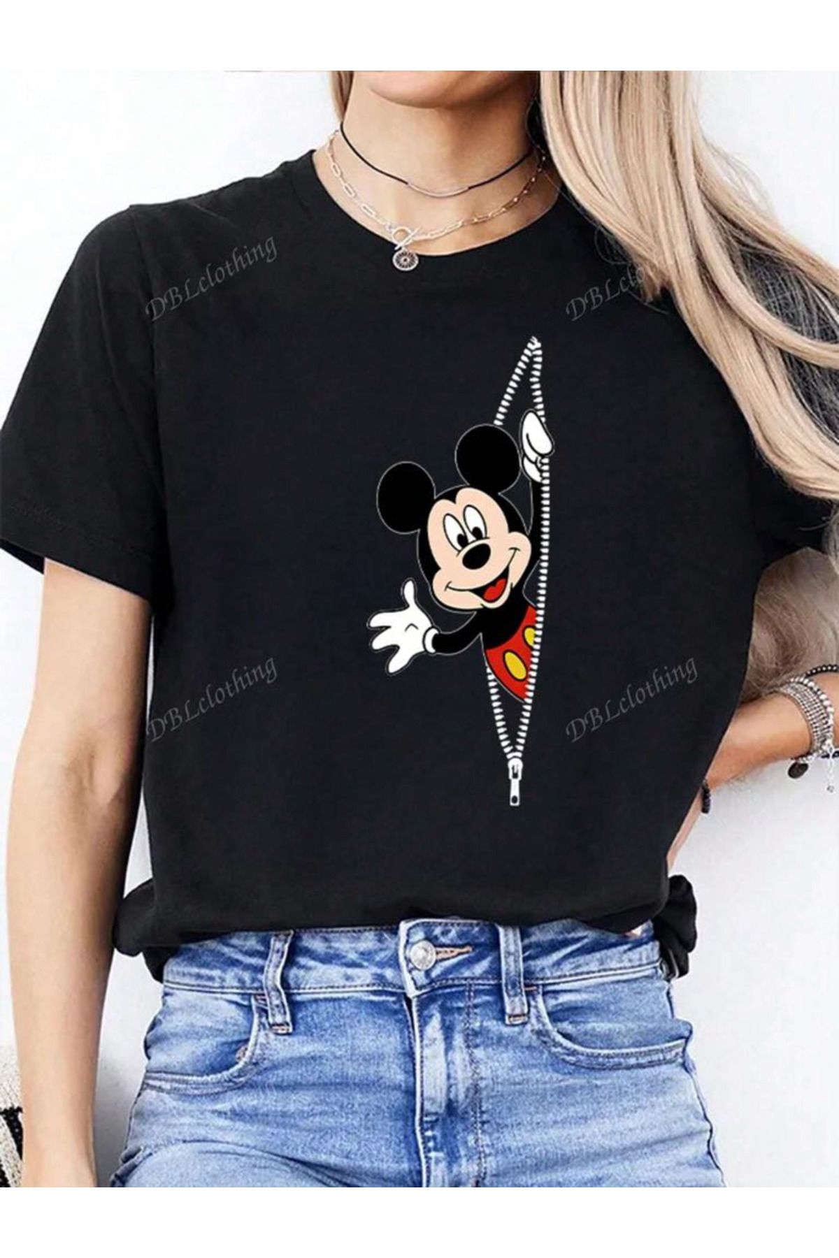 aynewmoda Kadın Günlük Kısa Kollu Yuvarlak Yakalı Mickey Mouse Karikatür Baskılı Tişört