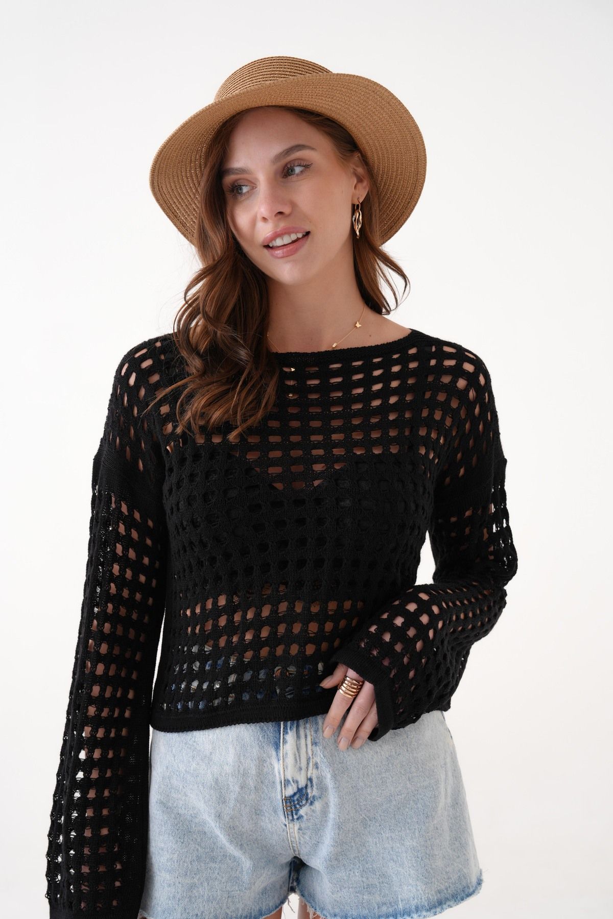 SHEMALL LUXURY Uzun Kollu Siyah Ajurlu File Crop Bluz 25515