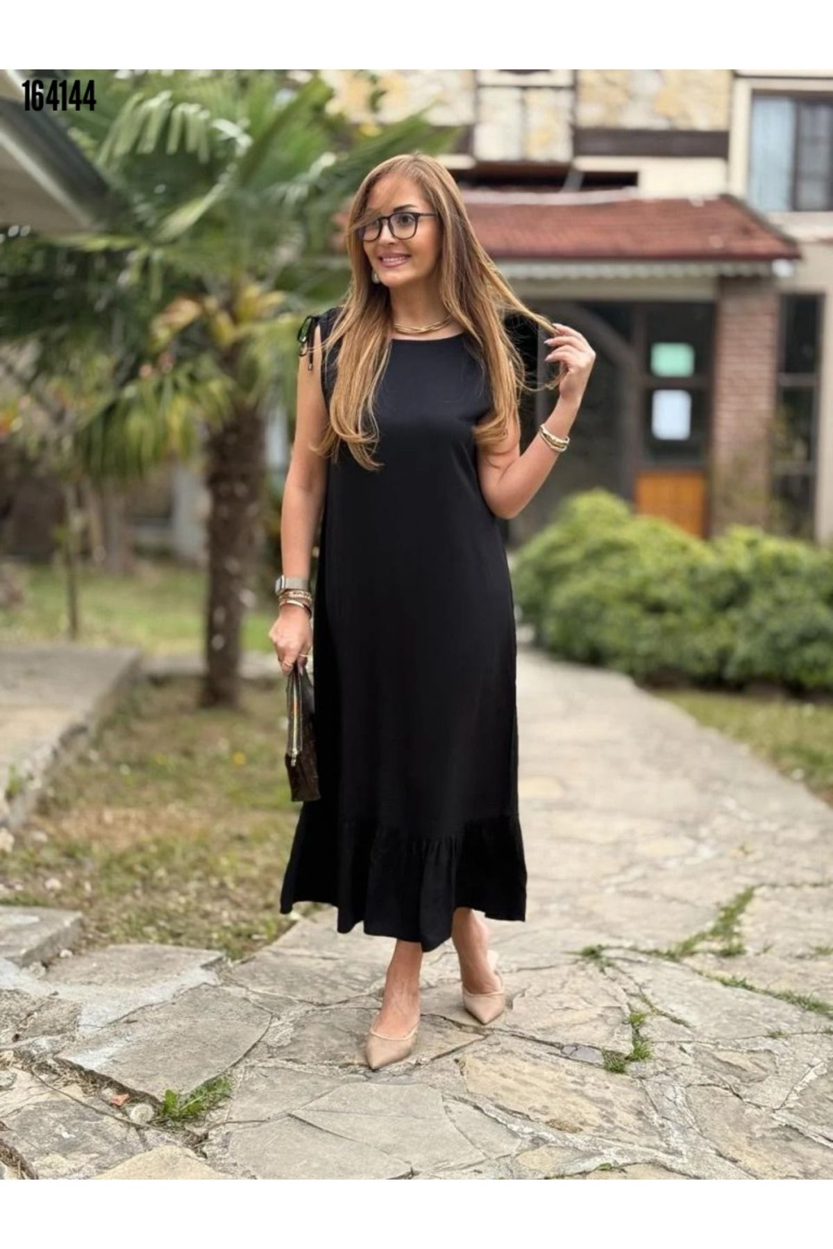 Kokosh moda Kadın Omuz Büzgü Detaylı Fırfırlı Midi Boy Krep Elbise